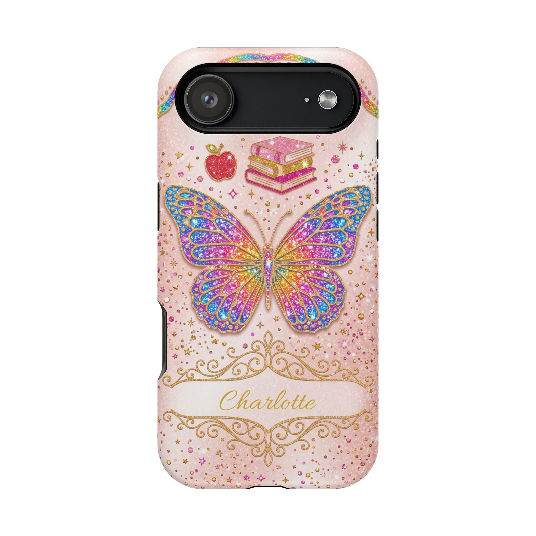 Blush Glitter Butterfly Personalized Teacher Phone Case — Wireless Charging Cover
