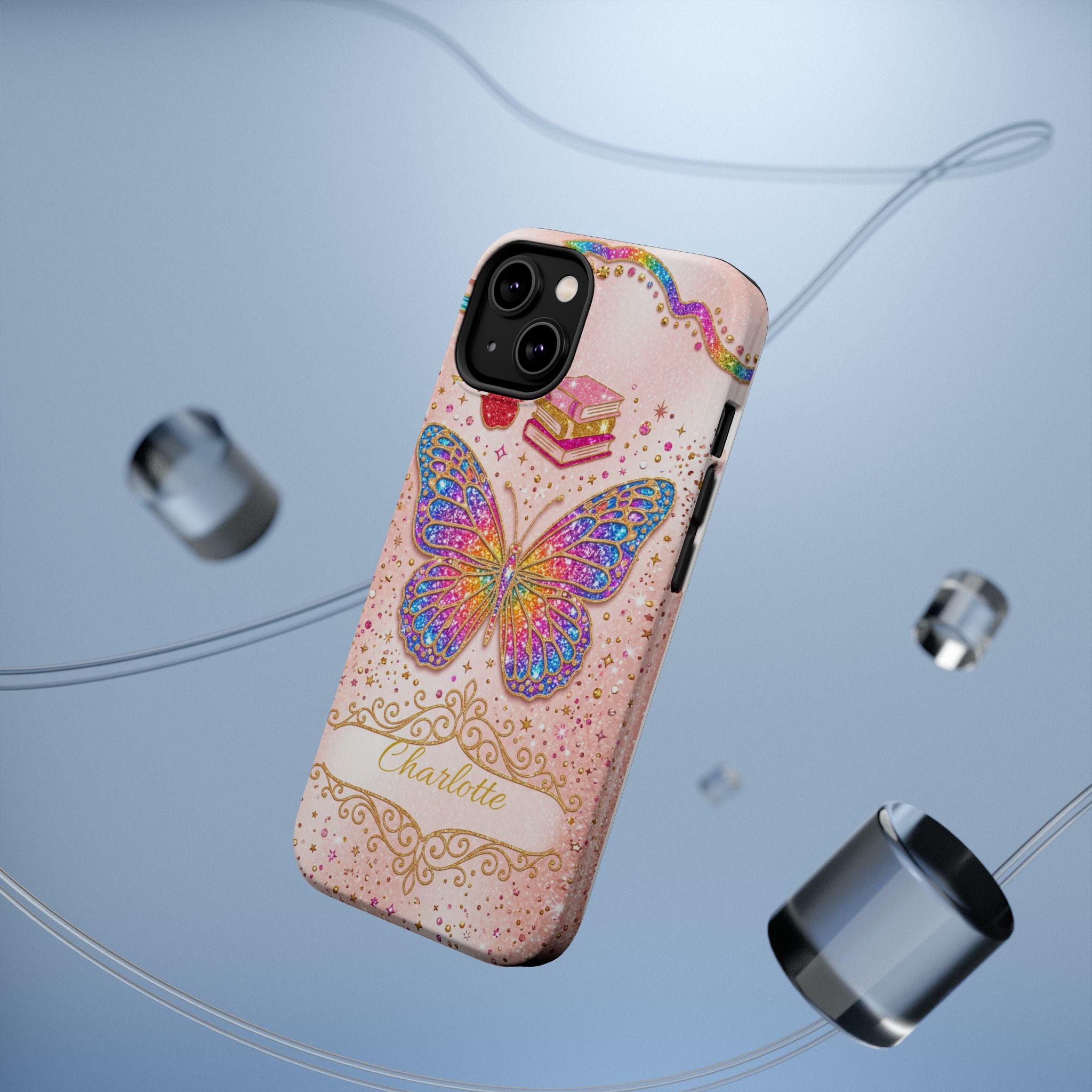 Blush Glitter Butterfly Personalized Teacher Phone Case — Wireless Charging Cover