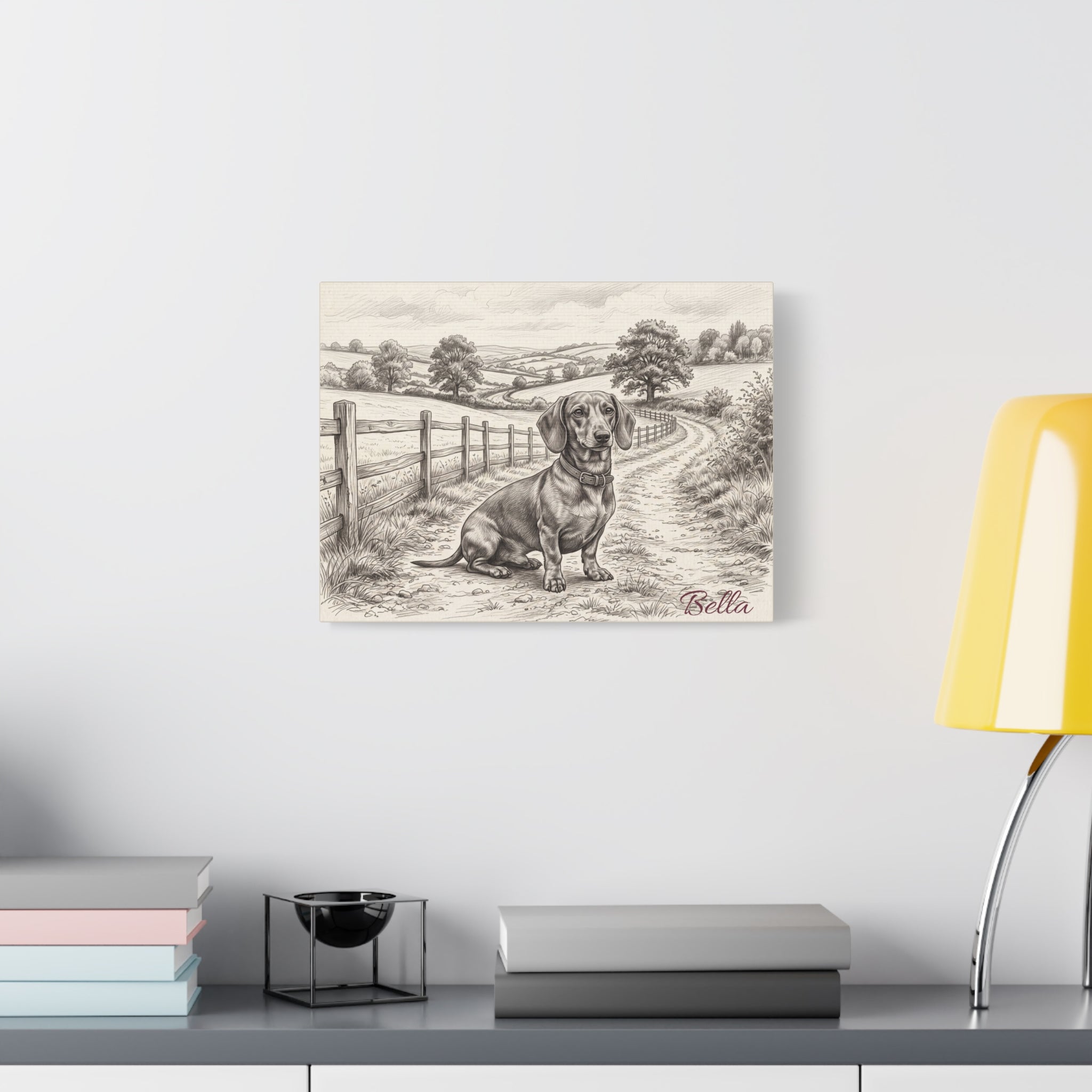 Dachshund Countryside Sketch Personalized Canvas | Rustic Farm Path Wall Art