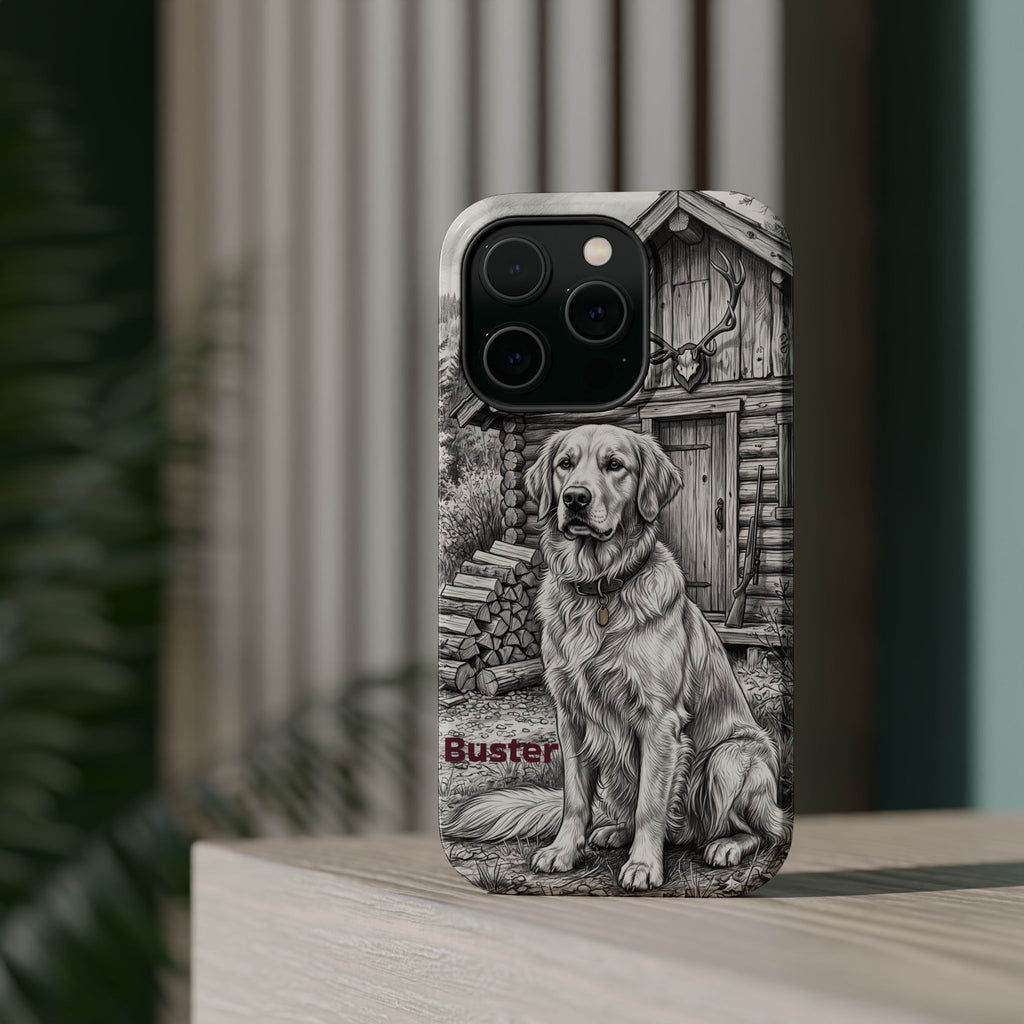 Personalized Golden Retriever Cabin Porch Phone Case — Wireless Charging Cover