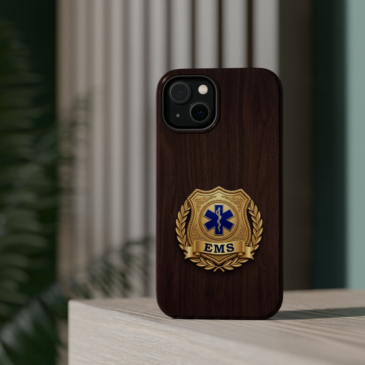 Gold EMS Laurel Badge Wood Phone Case — Magnetic Wireless Charging Cover