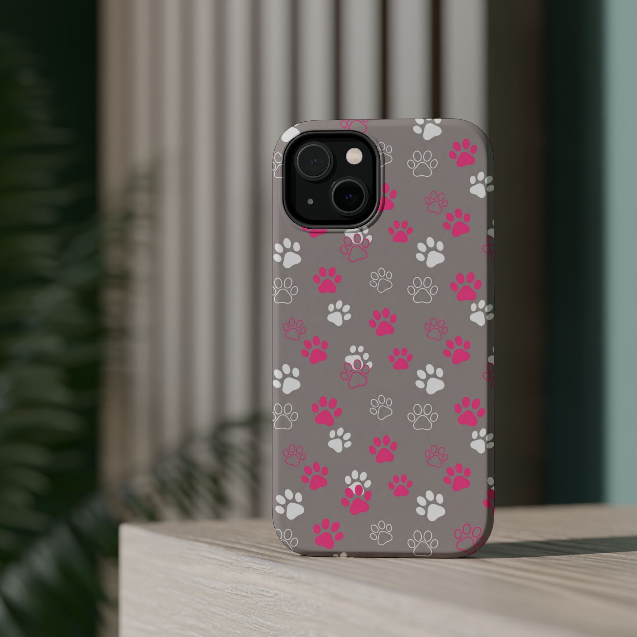 Pink & White Paw Print Phone Case — Impact-Resistant Wireless Charging Cover