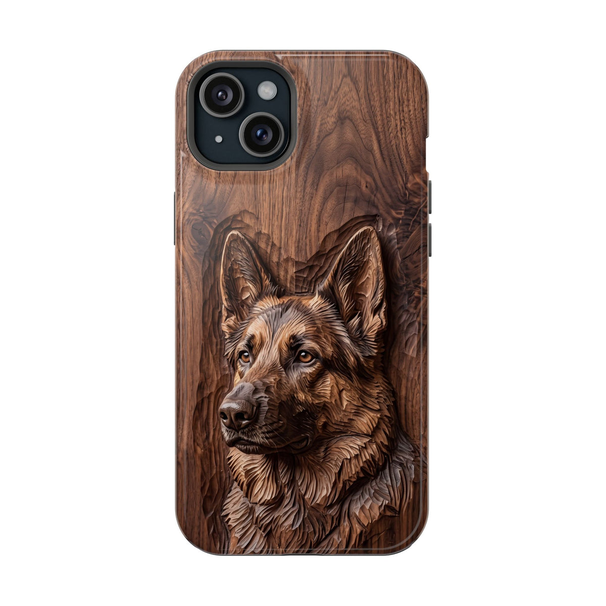 German Shepherd Phone Case | Carved Walnut Art — Tough Magnetic Case with Wireless Charging