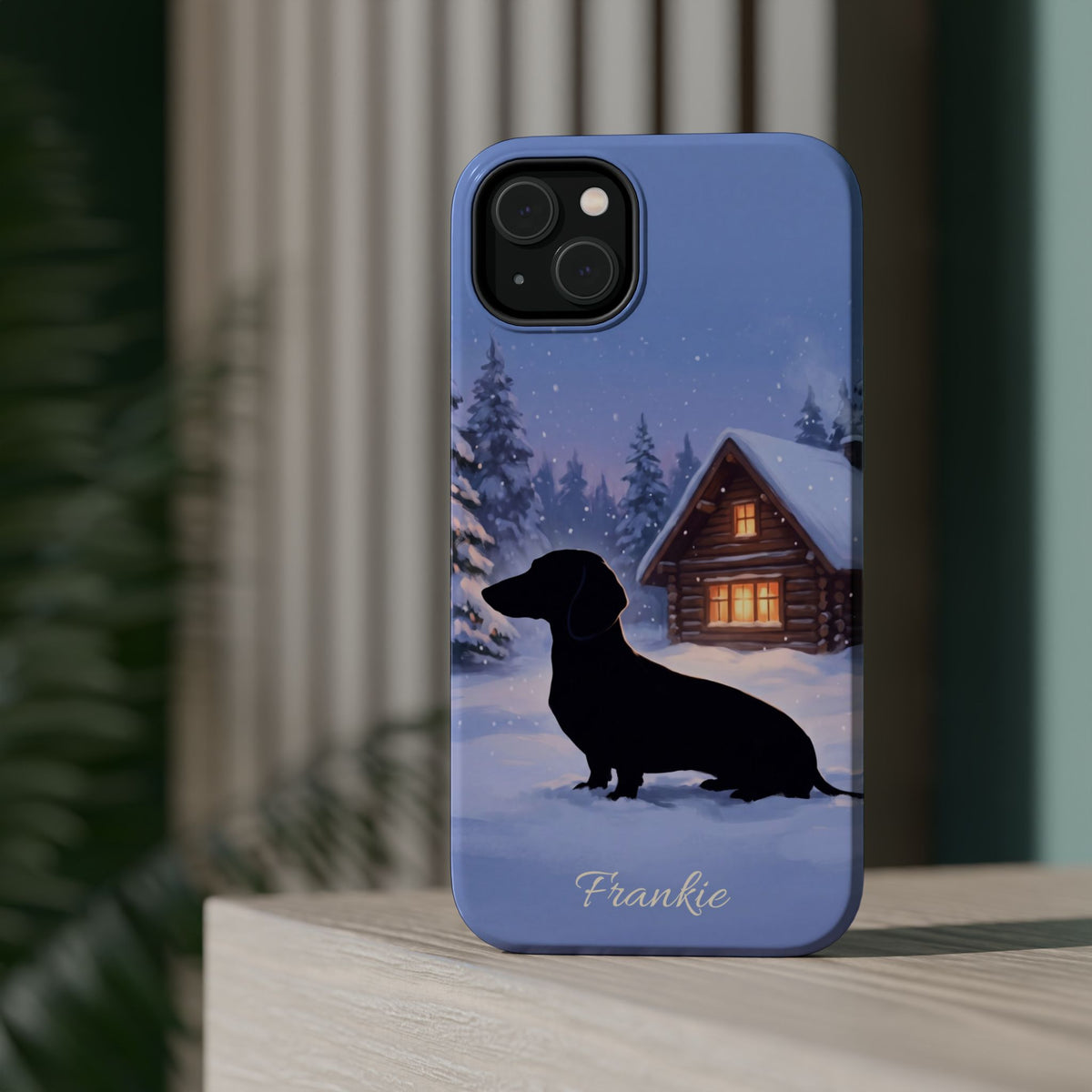 Personalized Dachshund Winter Cabin Phone Case — Wireless Charging Cover