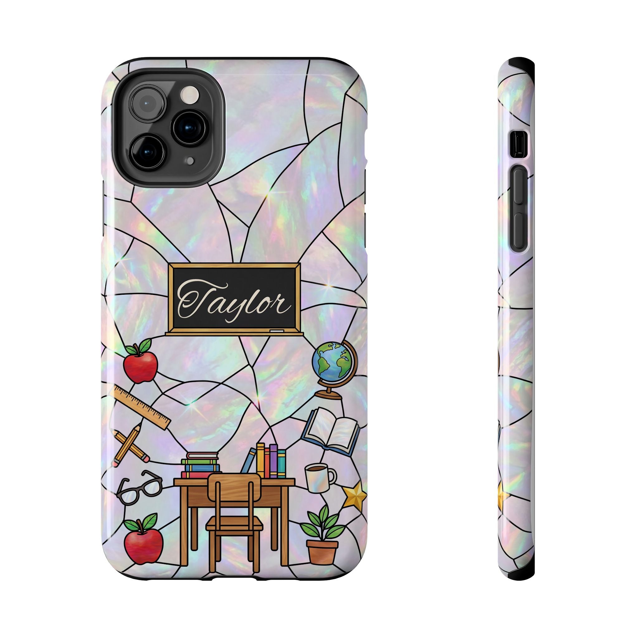 Personalized Teacher Phone Case — Custom Name Stained Glass Classroom Design