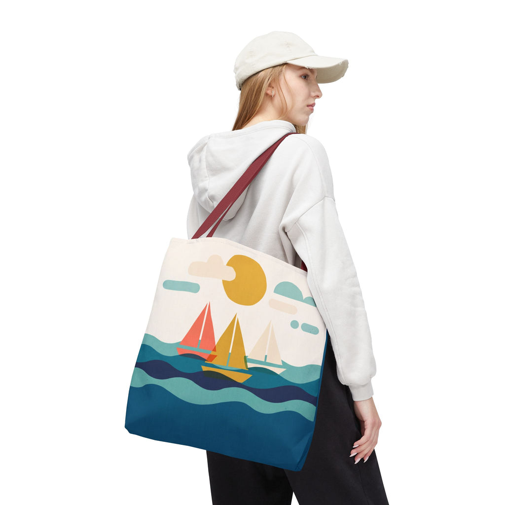 Minimalist Sailboat Tote Bag – Mid-Century Modern Ocean Waves Beach Bag