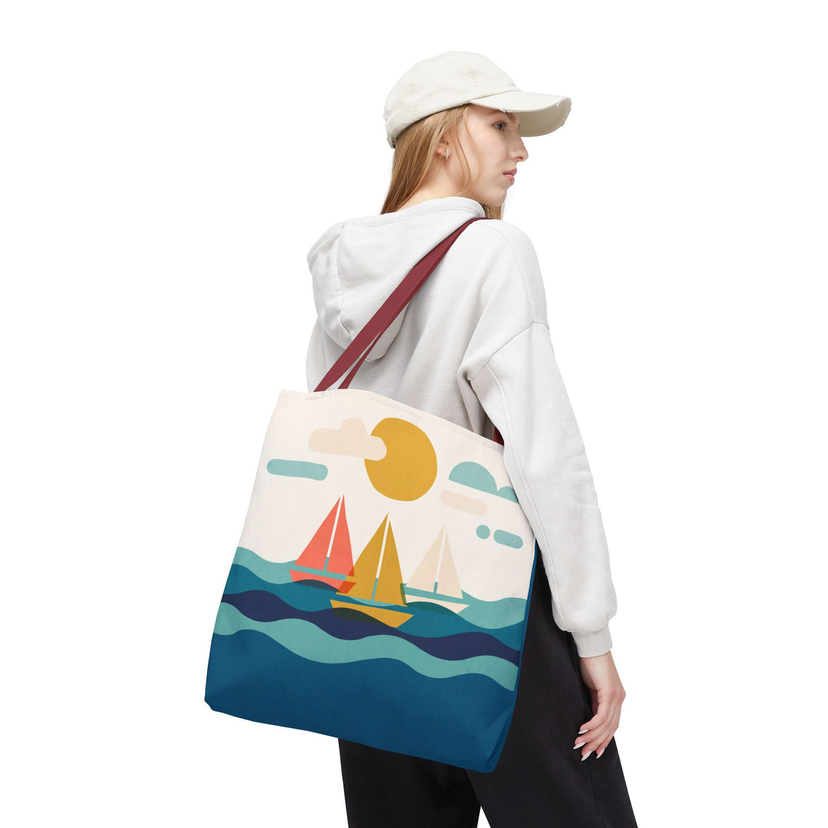Minimalist Sailboat Tote Bag – Mid-Century Modern Ocean Waves Beach Bag