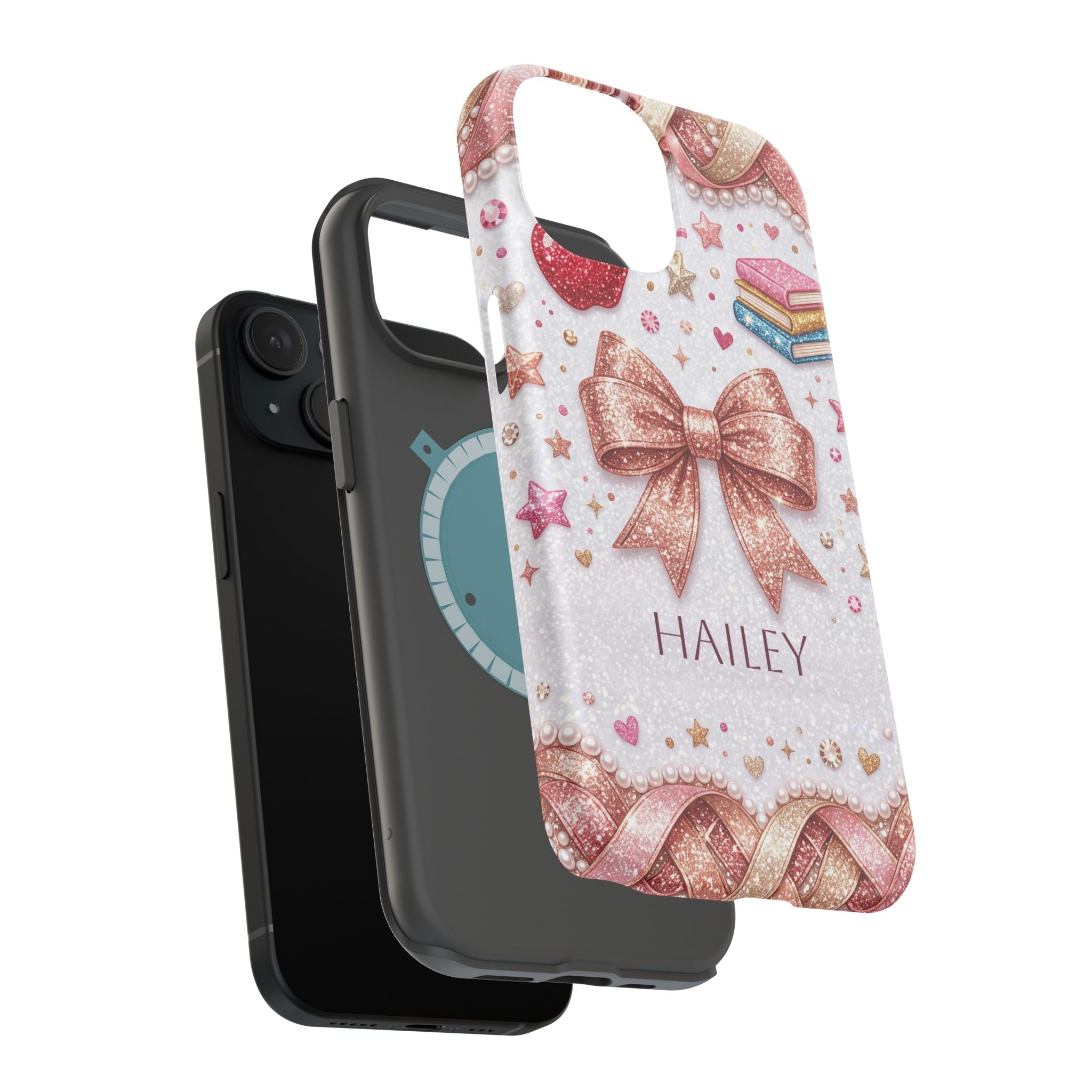 Rose Gold Glitter Bow Personalized Teacher Phone Case — Wireless Charging Cover