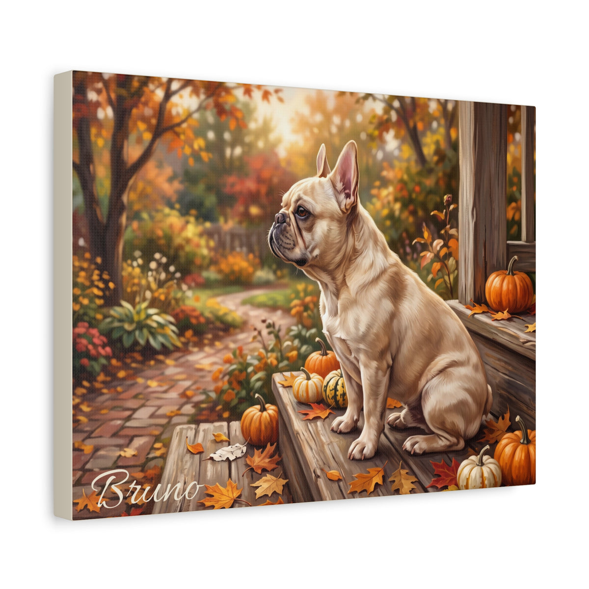 French Bulldog Personalized Canvas | Cream Frenchie Autumn Porch Pumpkin Wall Art