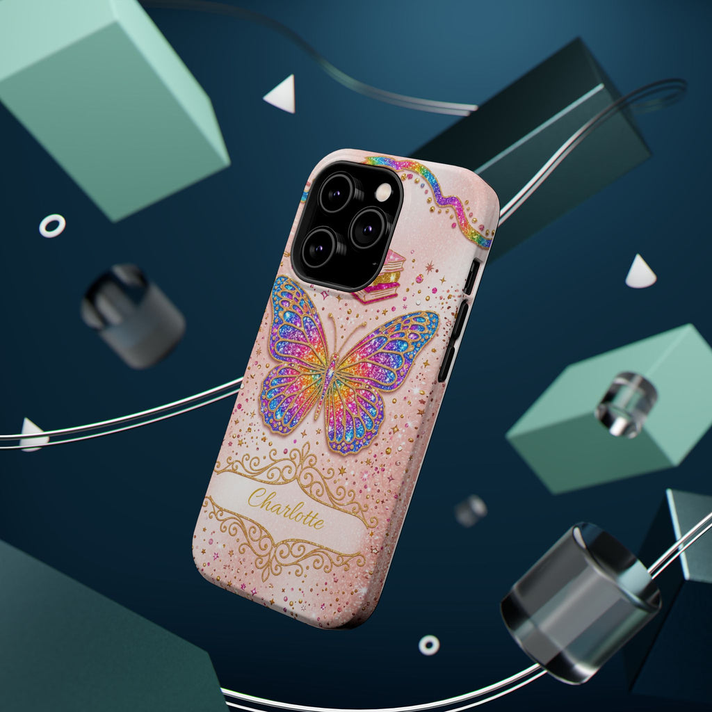 Blush Glitter Butterfly Personalized Teacher Phone Case — Wireless Charging Cover