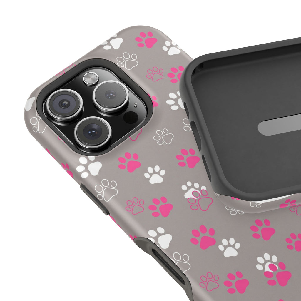 Pink & White Paw Print Phone Case — Impact-Resistant Wireless Charging Cover