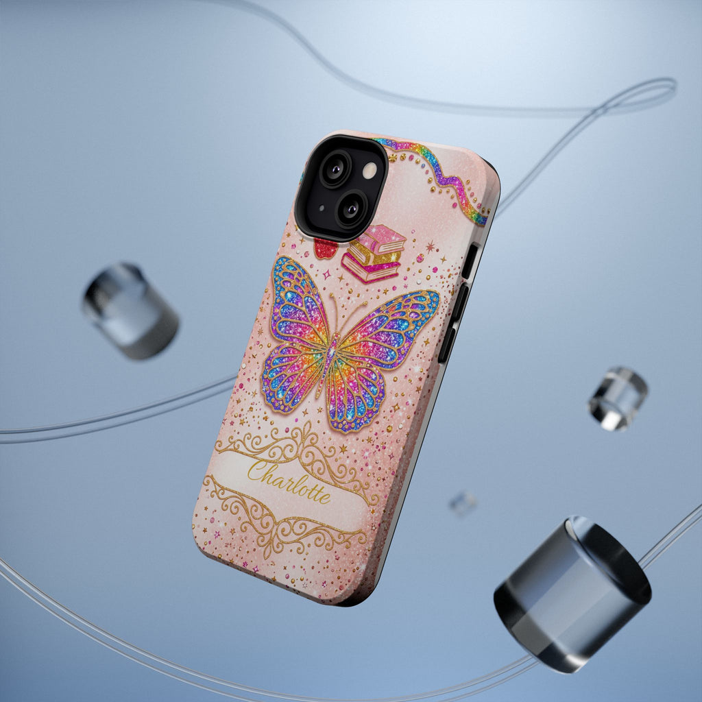 Blush Glitter Butterfly Personalized Teacher Phone Case — Wireless Charging Cover