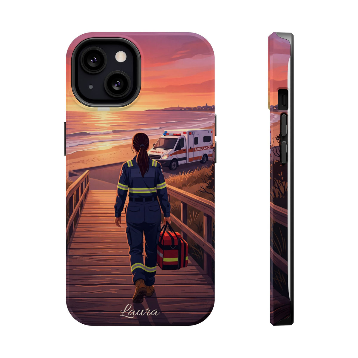 Sunset Boardwalk Personalized Paramedic Phone Case — Wireless Charging Cover
