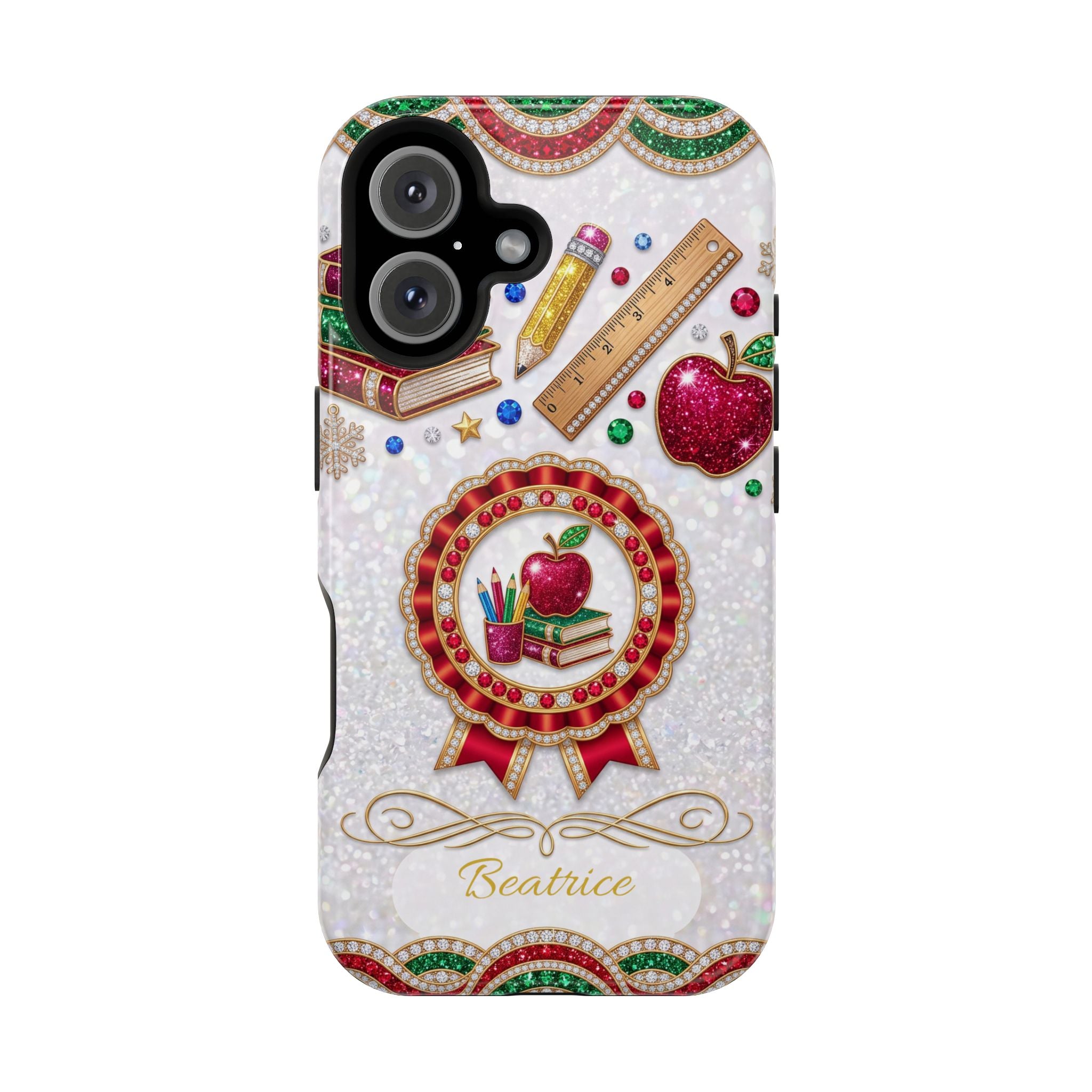 Jeweled Apple Medallion Personalized Teacher Phone Case — Wireless Charging Cover