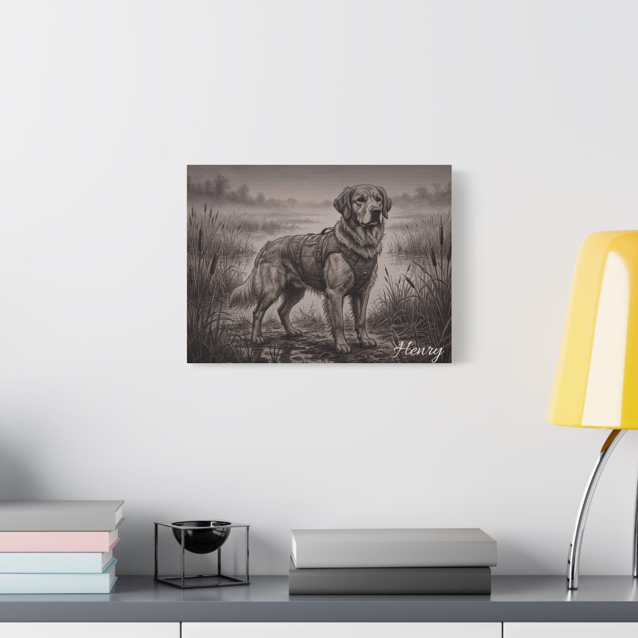 Golden Retriever Marshland Sketch Personalized Canvas | Misty Wetland Wall Art