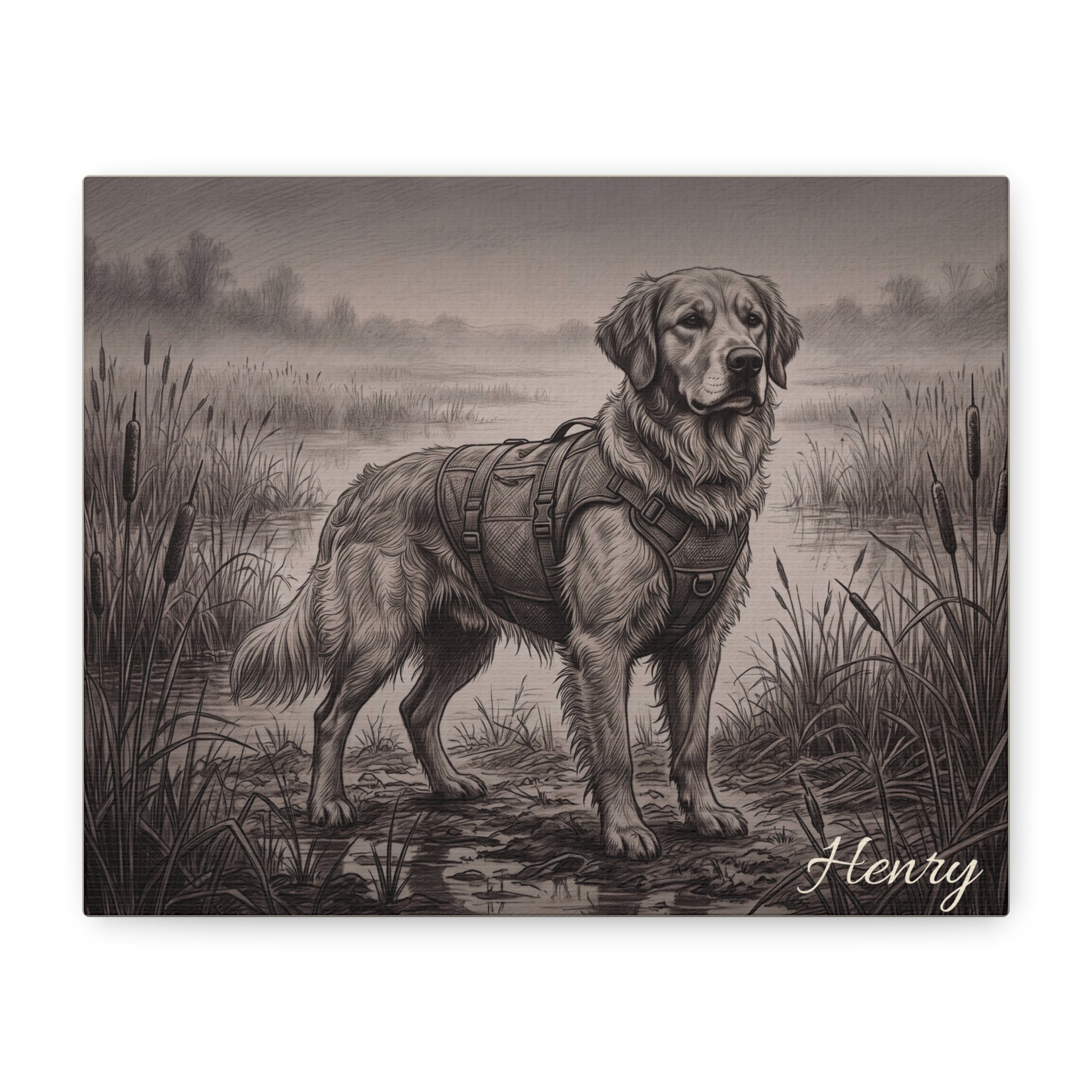 Golden Retriever Marshland Sketch Personalized Canvas | Misty Wetland Wall Art