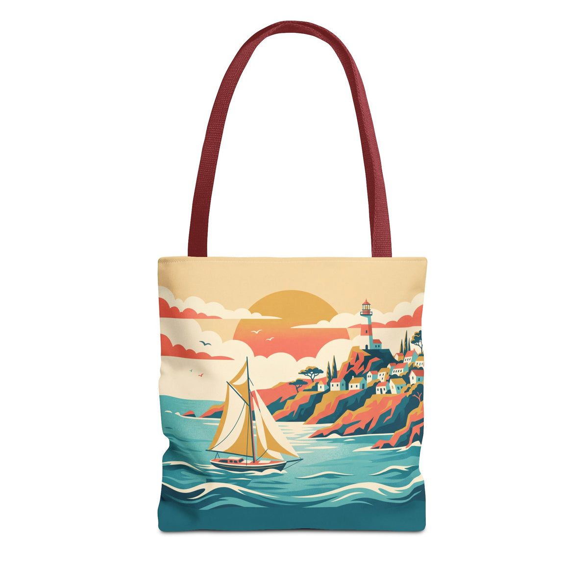 Coastal Lighthouse Sailboat Tote Bag – Retro Seaside Sunset Beach Bag