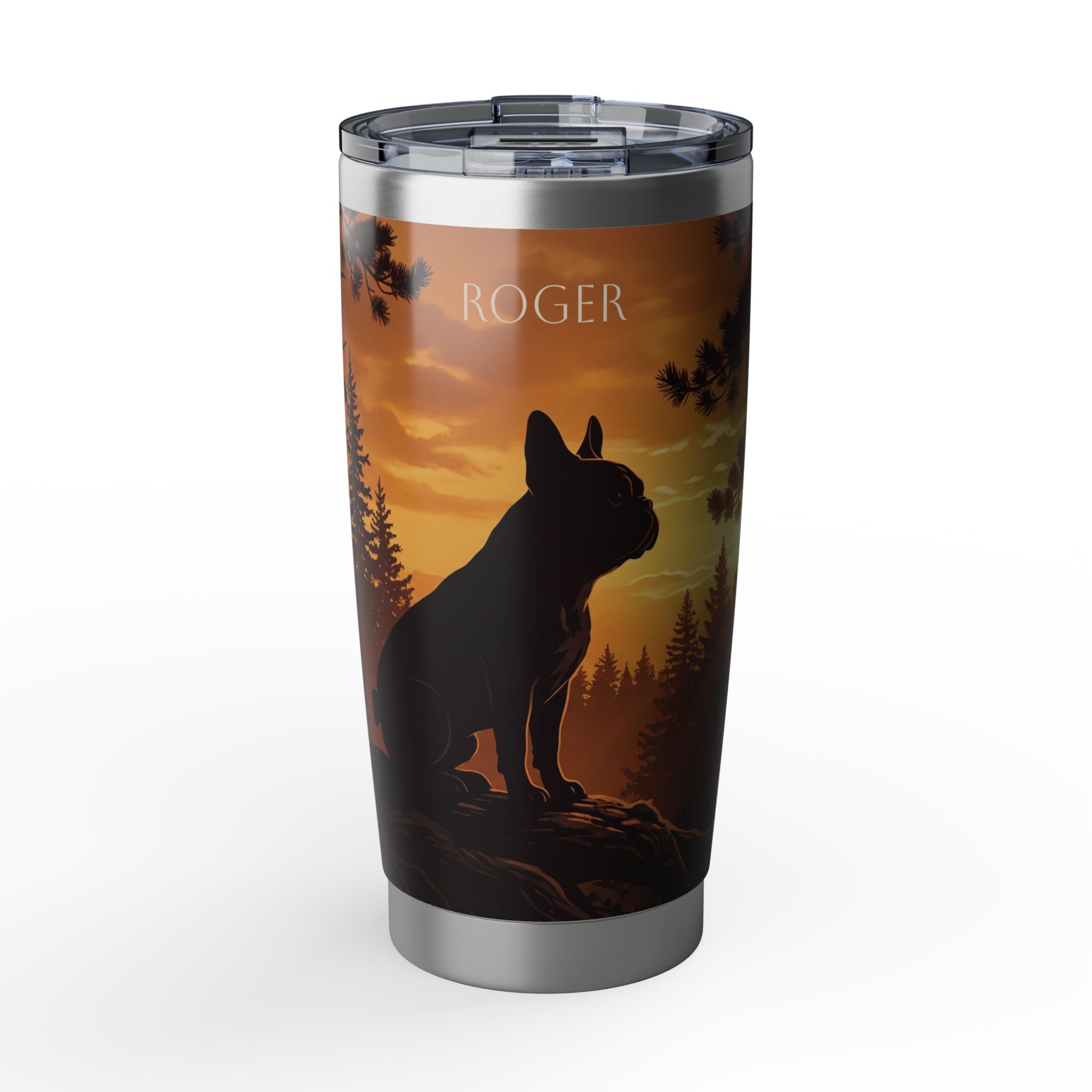Frenchie Stainless Tumbler — 20 oz Personalized Travel Mug with Forest Sunset Silhouette Design