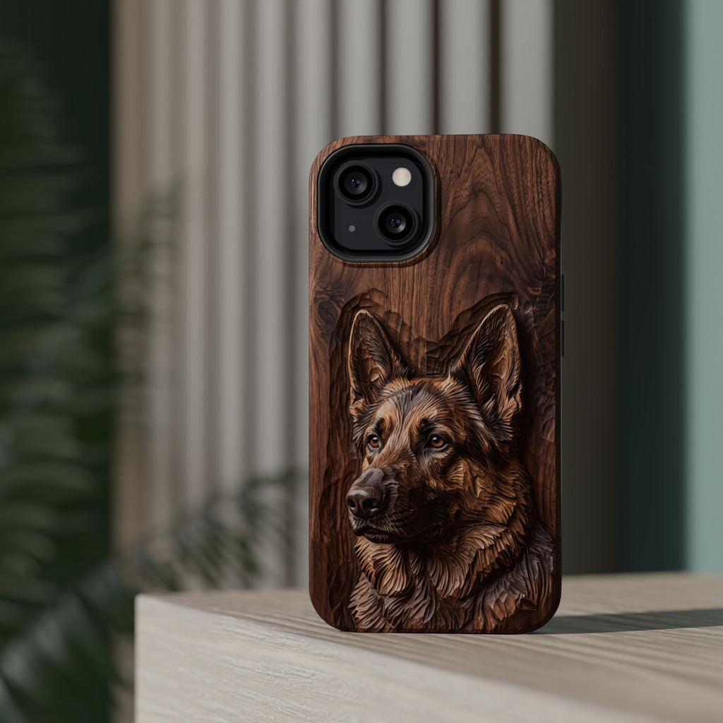 German Shepherd Phone Case | Carved Walnut Art — Tough Magnetic Case with Wireless Charging