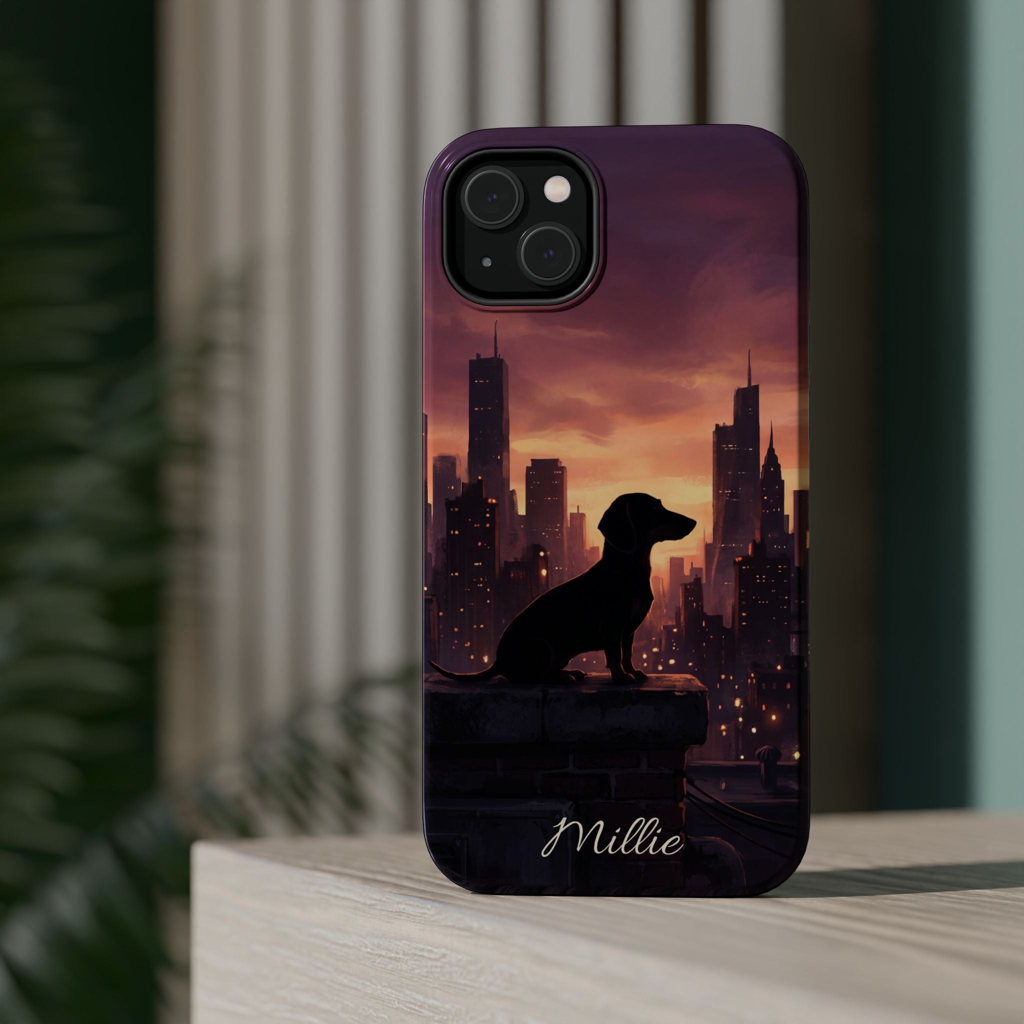 Personalized Dachshund City Skyline Phone Case — Wireless Charging Cover
