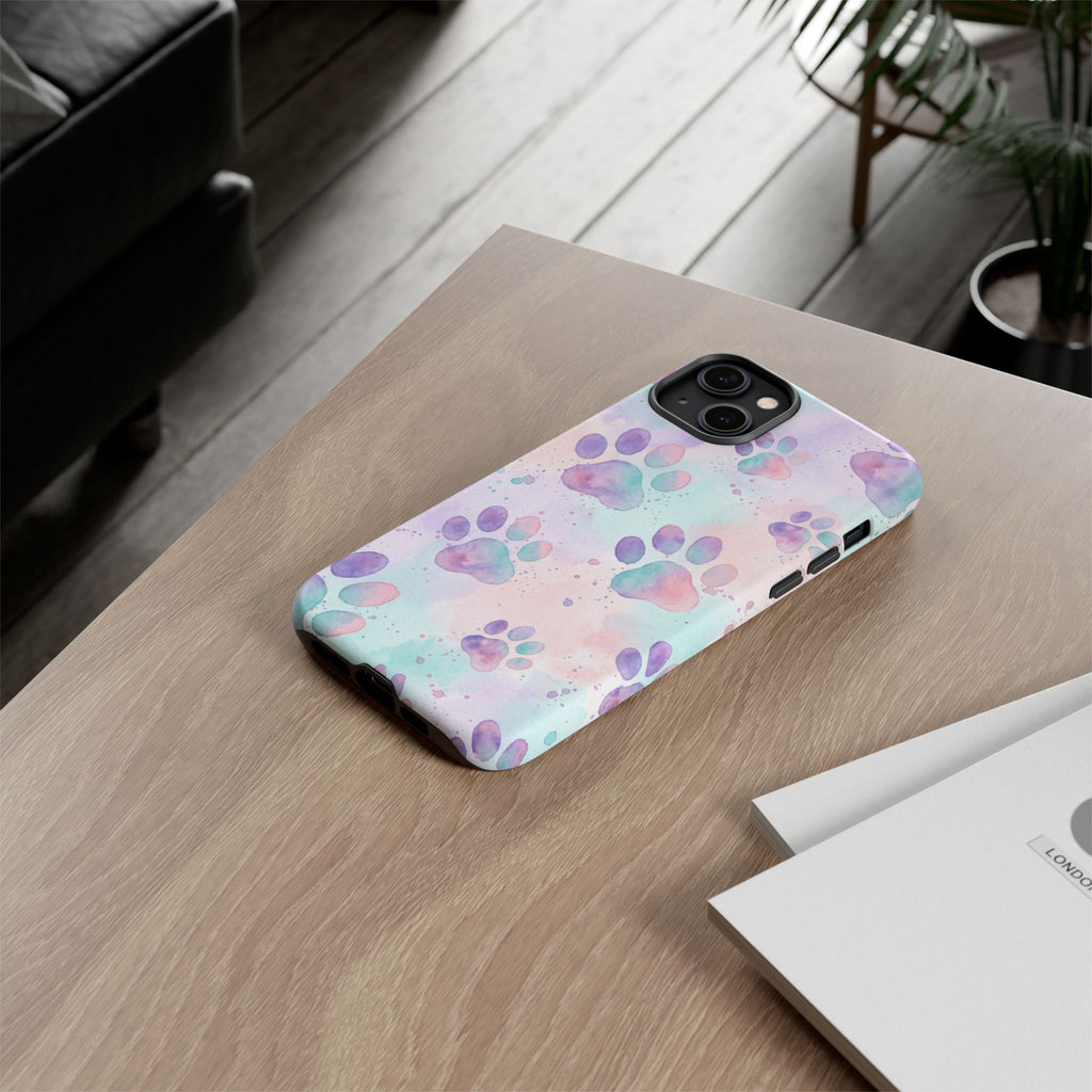 Watercolor Paw Print Phone Case | Pastel Purple, Teal & Pink Artistic Pattern | Samsung & iPhone