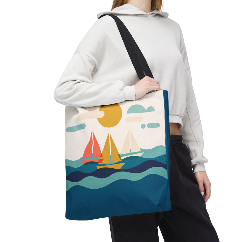 Minimalist Sailboat Tote Bag – Mid-Century Modern Ocean Waves Beach Bag
