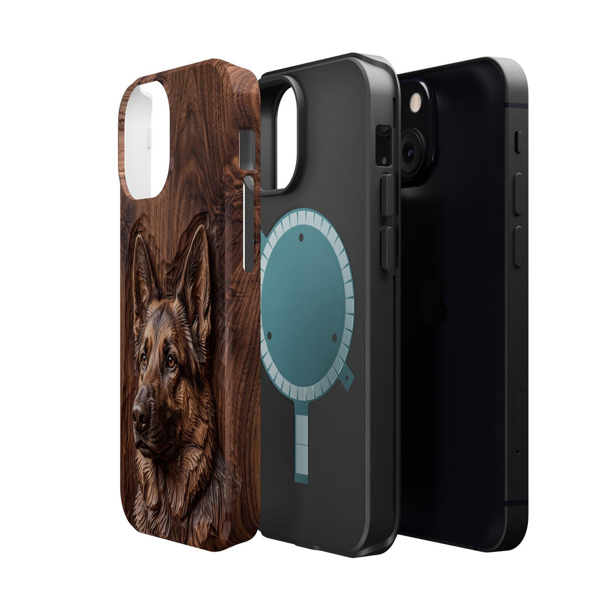 German Shepherd Phone Case | Carved Walnut Art — Tough Magnetic Case with Wireless Charging