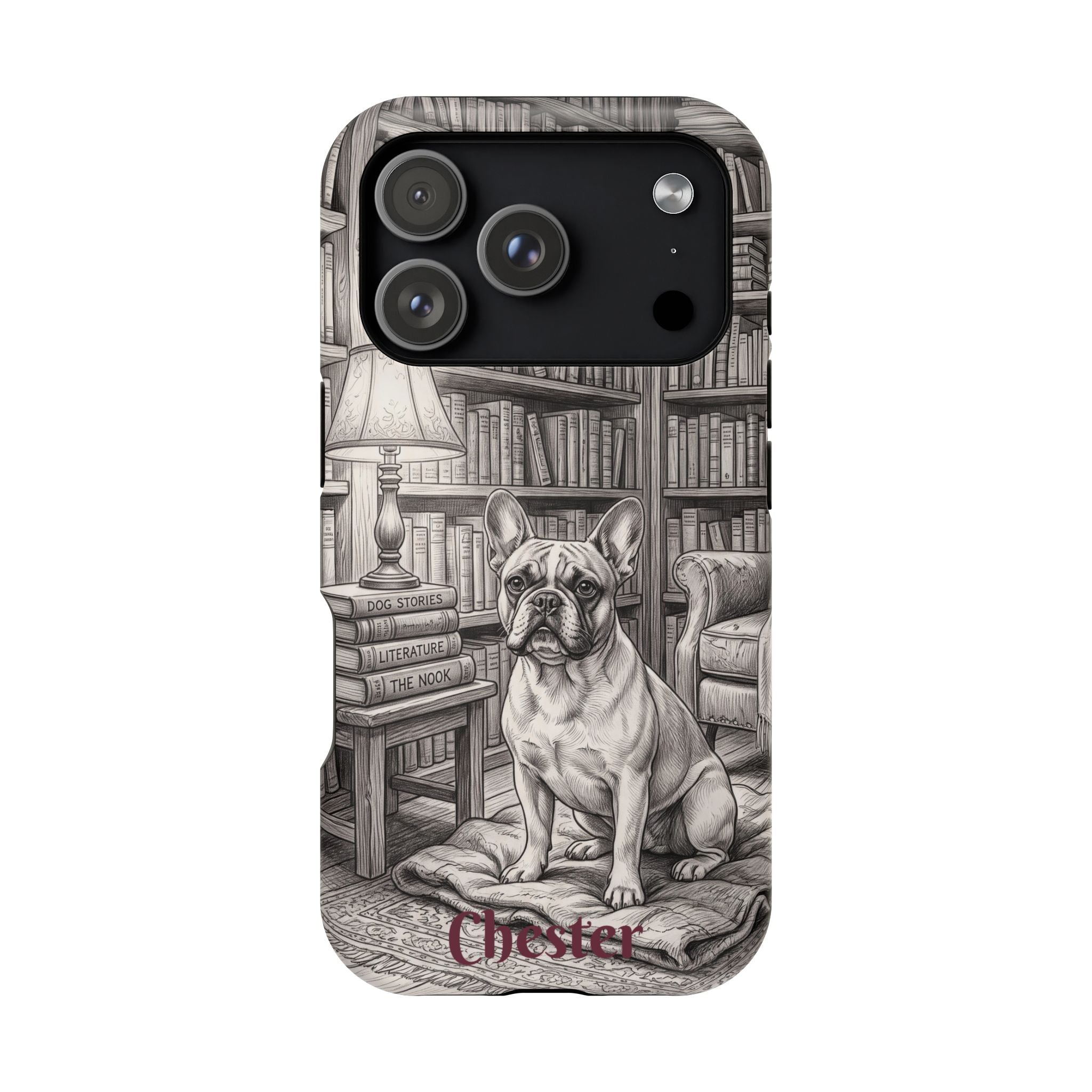 Personalized French Bulldog Library Study Phone Case — Wireless Charging Cover
