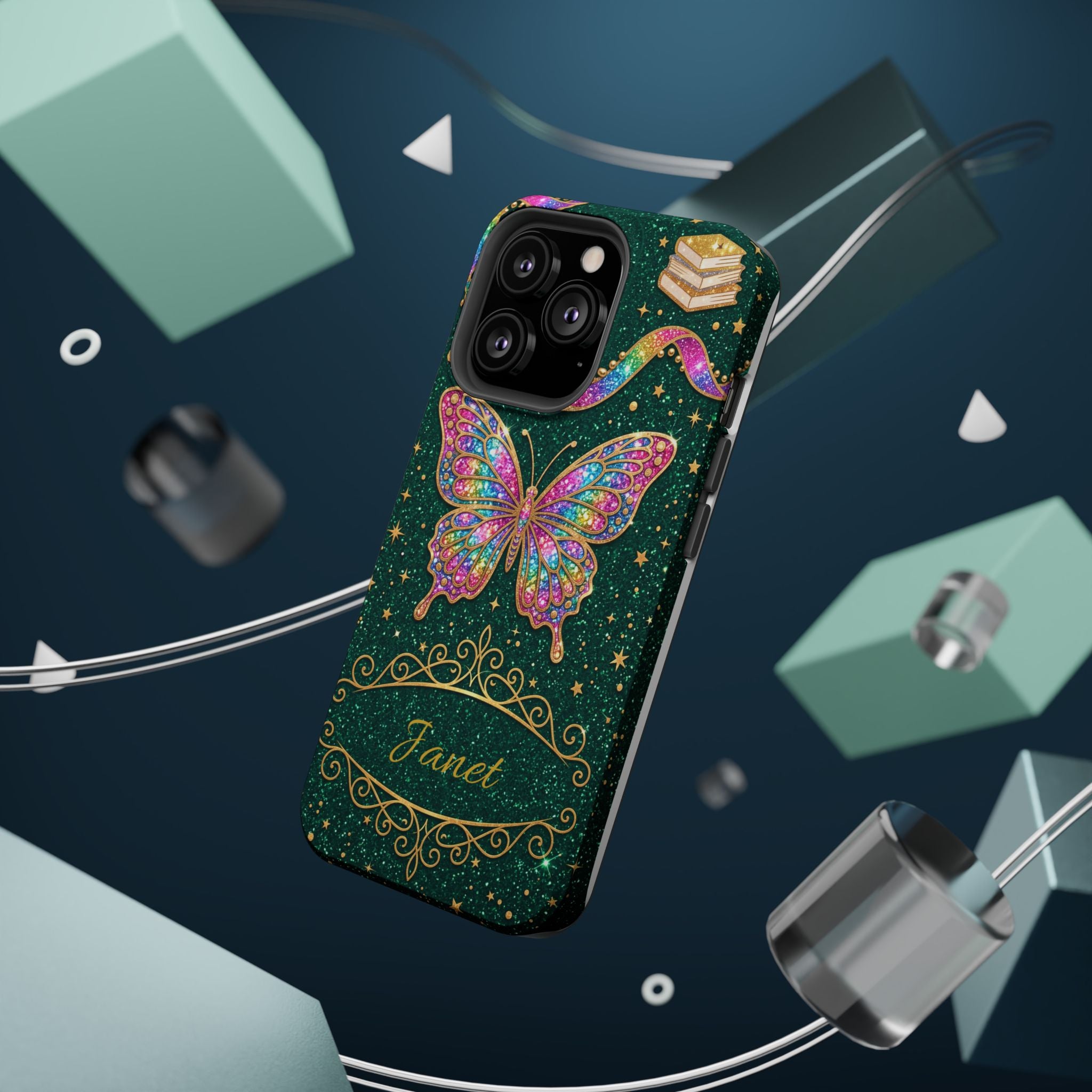 Rainbow Glitter Butterfly Personalized Teacher Phone Case — Wireless Charging Cover