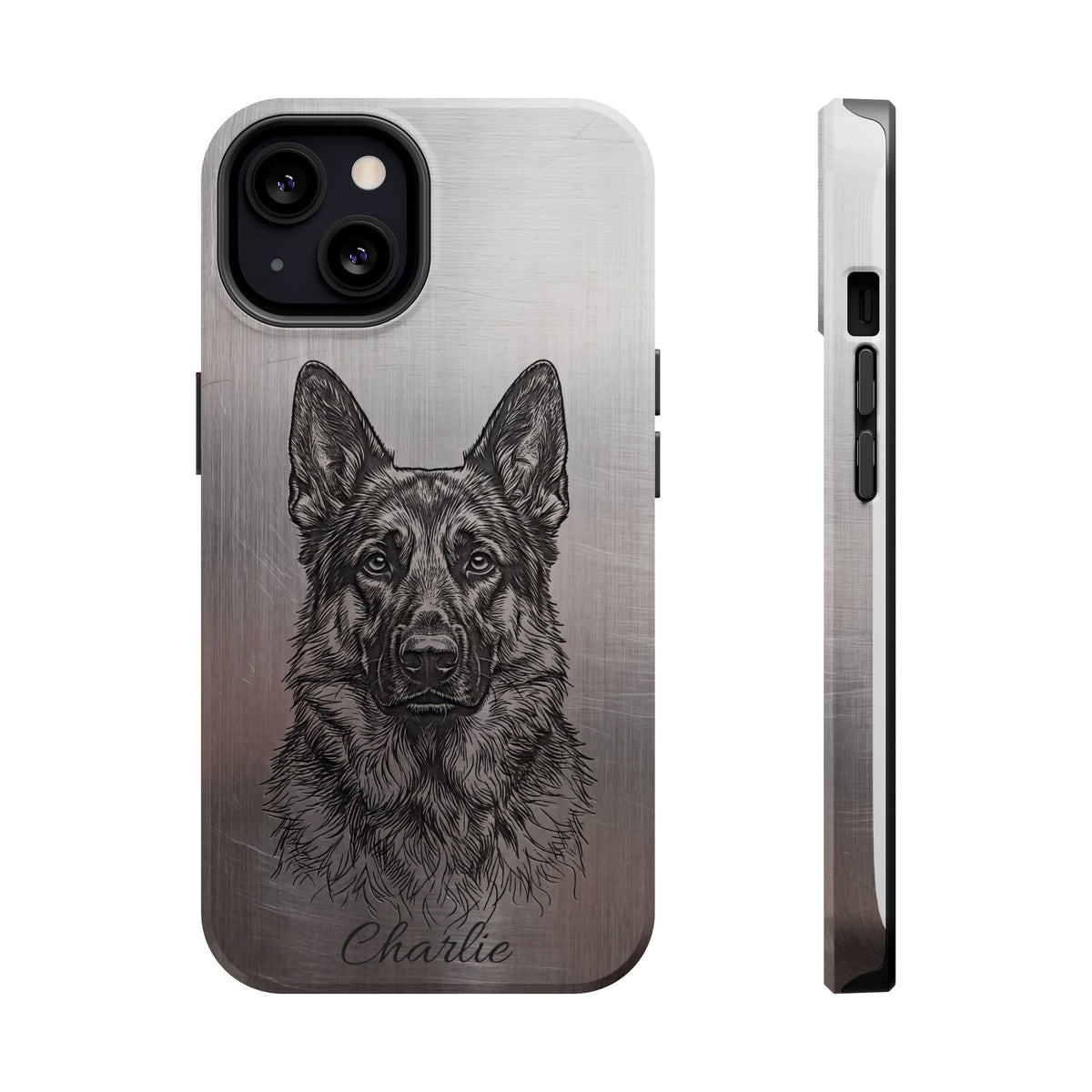 German Shepherd Phone Case | Personalized Etched Silver Art — Tough Magnetic Case with Wireless Charging