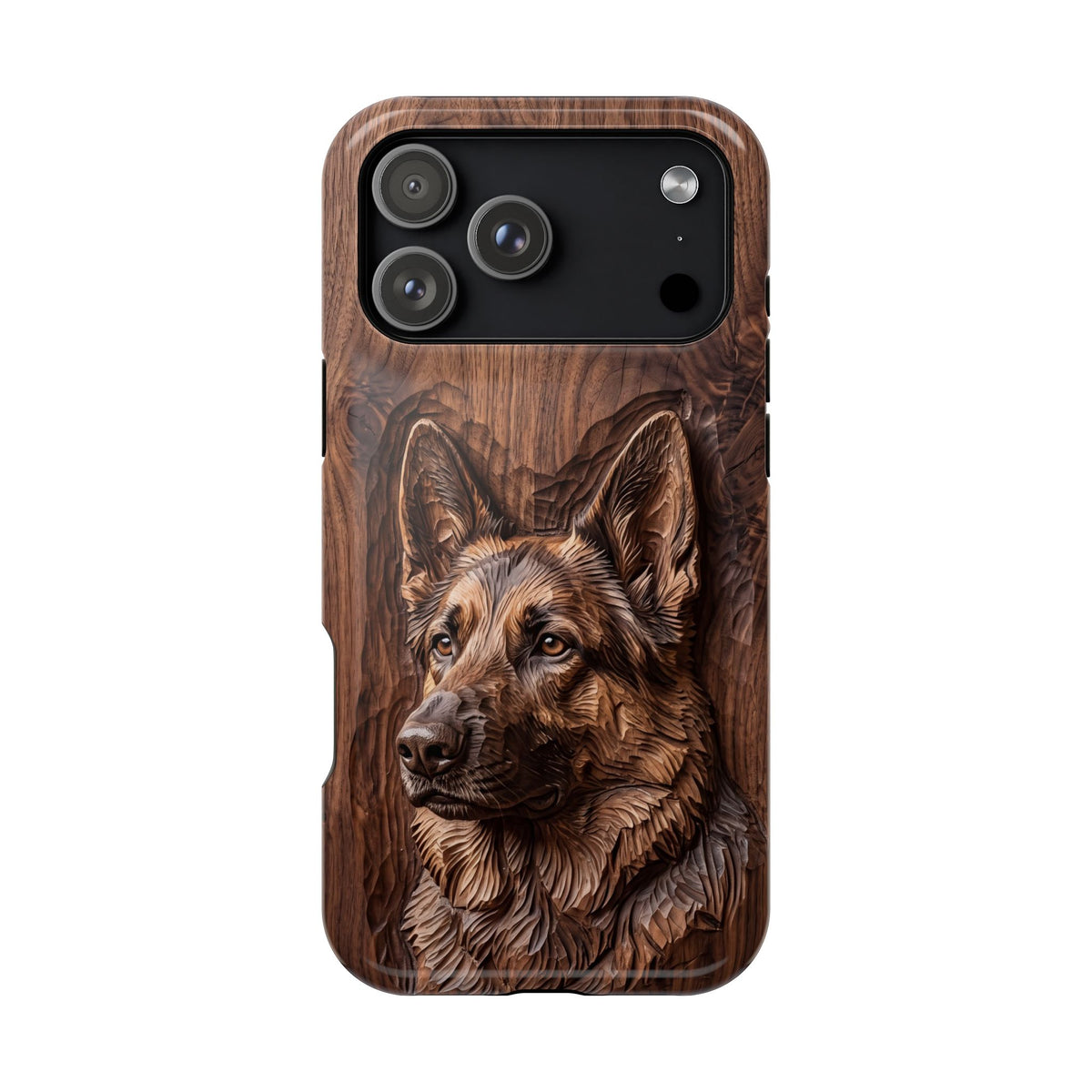 German Shepherd Phone Case | Carved Walnut Art — Tough Magnetic Case with Wireless Charging