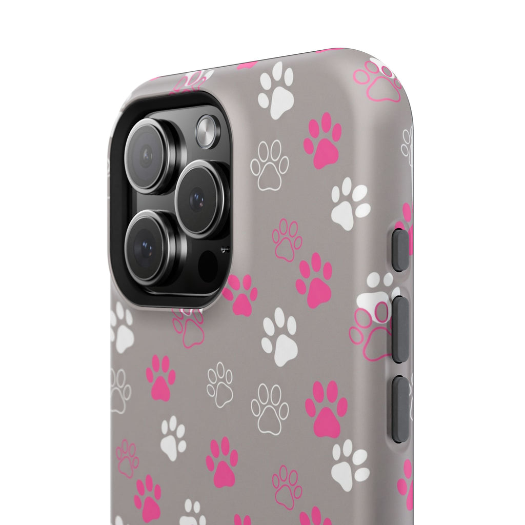 Pink & White Paw Print Phone Case — Impact-Resistant Wireless Charging Cover