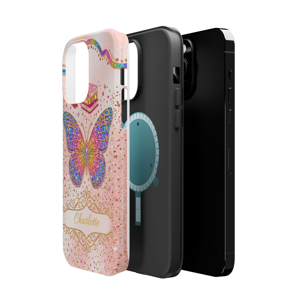 Blush Glitter Butterfly Personalized Teacher Phone Case — Wireless Charging Cover