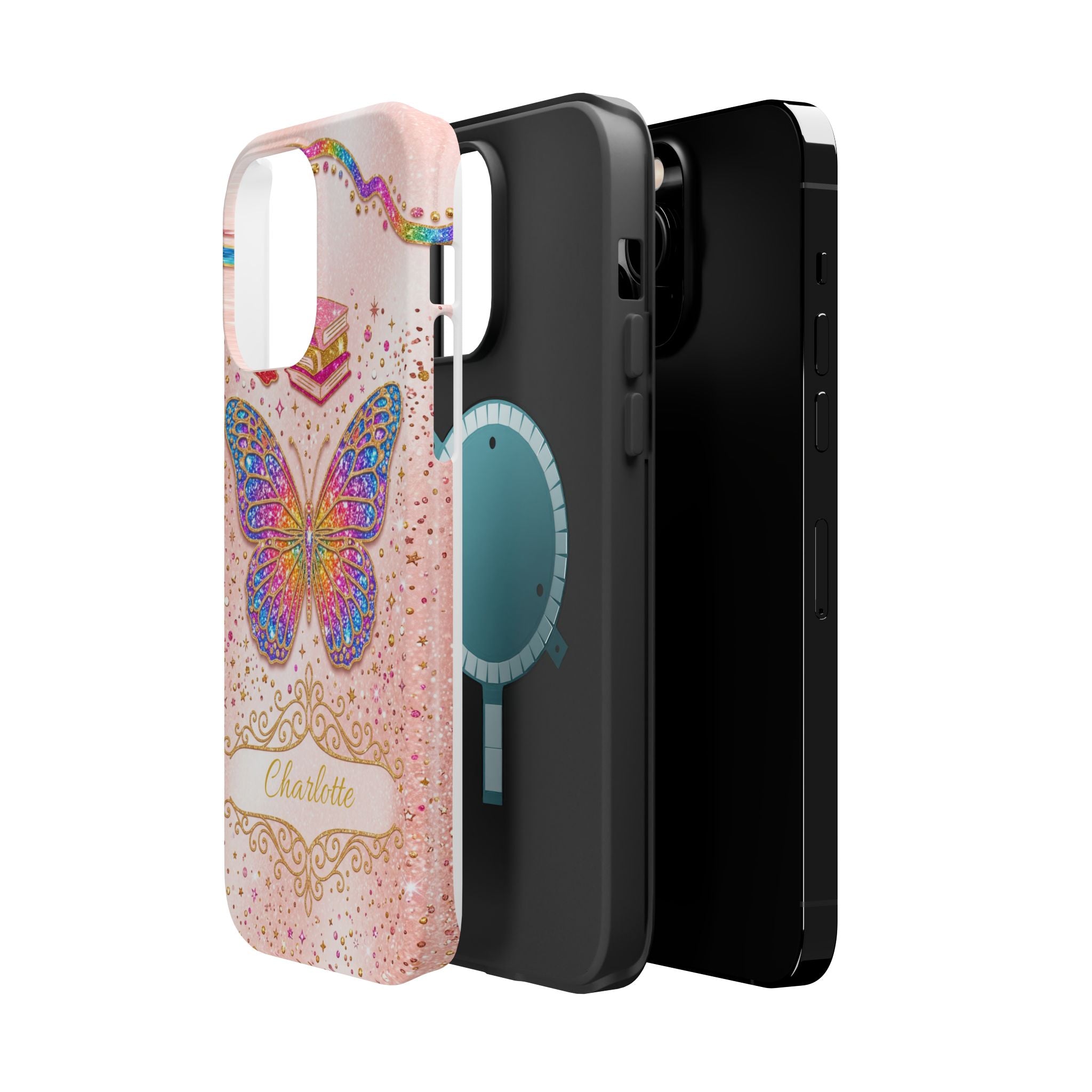 Blush Glitter Butterfly Personalized Teacher Phone Case — Wireless Charging Cover