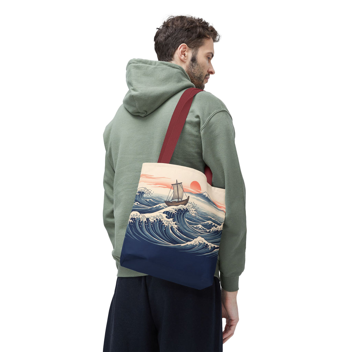 Japanese Wave Sailboat Tote Bag – Woodblock Style Ocean Beach Bag
