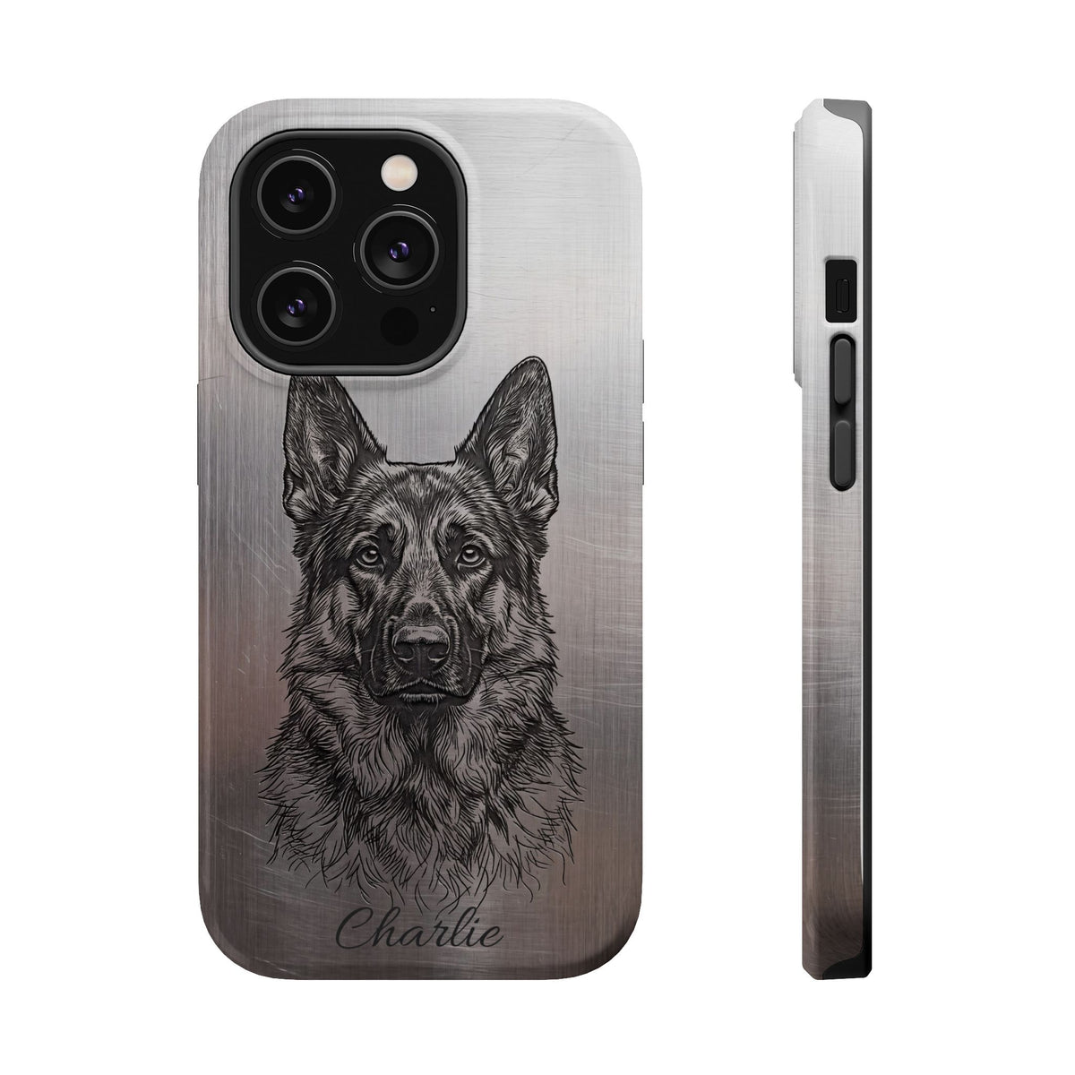 German Shepherd Phone Case | Personalized Etched Silver Art — Tough Magnetic Case with Wireless Charging
