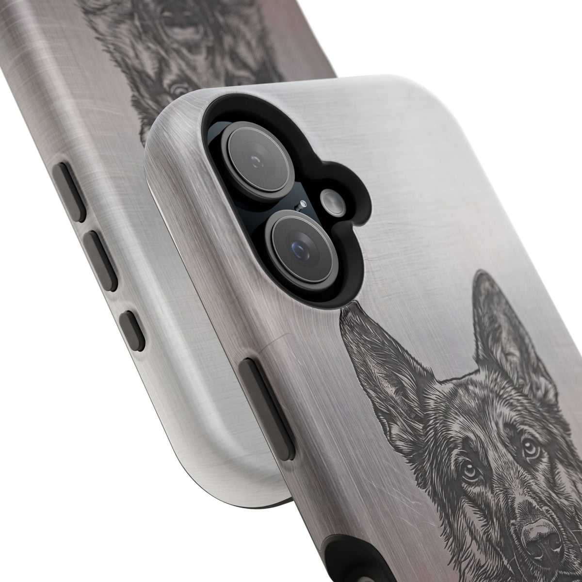 German Shepherd Phone Case | Personalized Etched Silver Art — Tough Magnetic Case with Wireless Charging