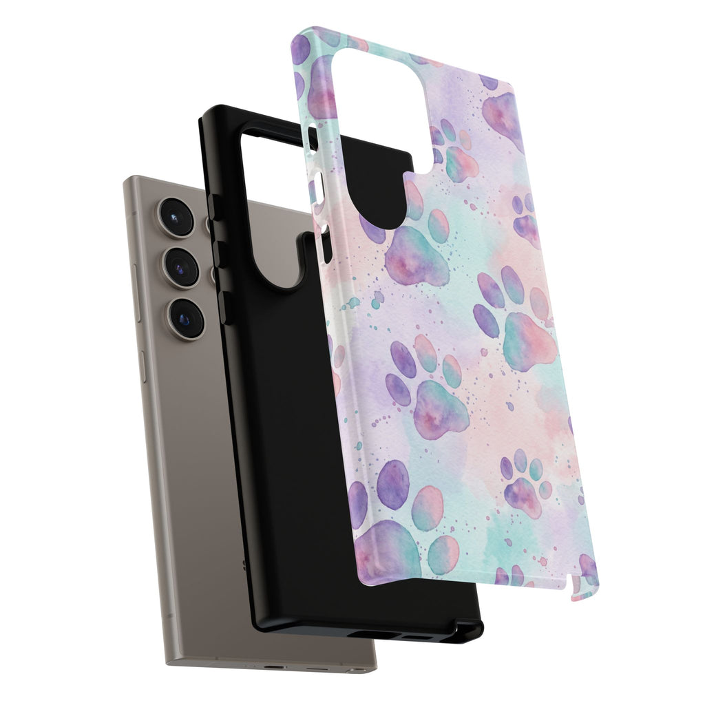 Watercolor Paw Print Phone Case | Pastel Purple, Teal & Pink Artistic Pattern | Samsung & iPhone