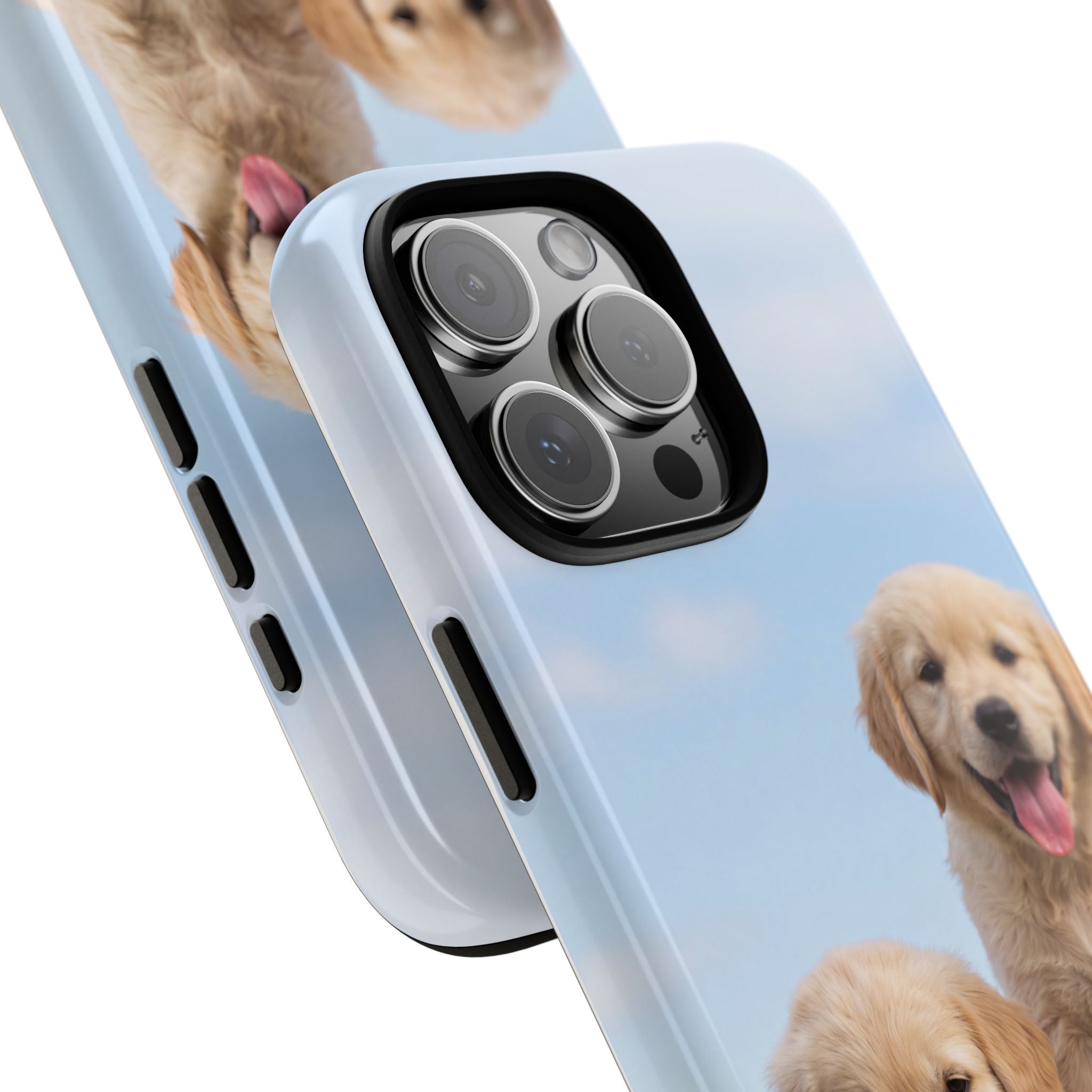Golden Retriever Puppies on Barrel Phone Case | Cute Duo Under Blue Sky | iPhone & Samsung
