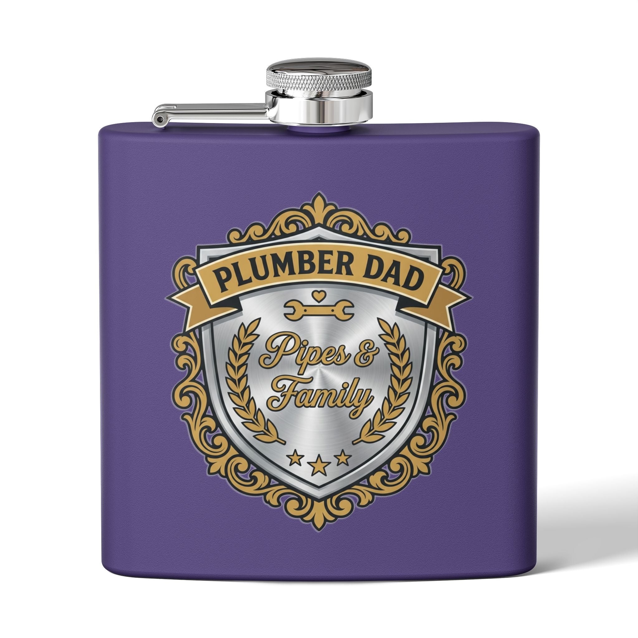 Flask — "Plumber Dad: Pipes & Family" 6oz Stainless Steel Hip Flask