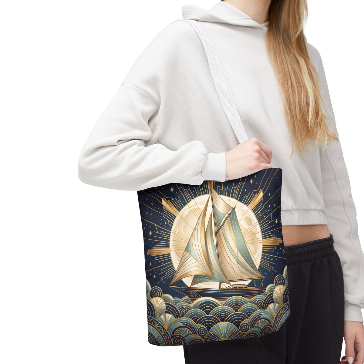 Art Deco Moonlit Sailboat Tote Bag – Starry Night Nautical Beach Bag