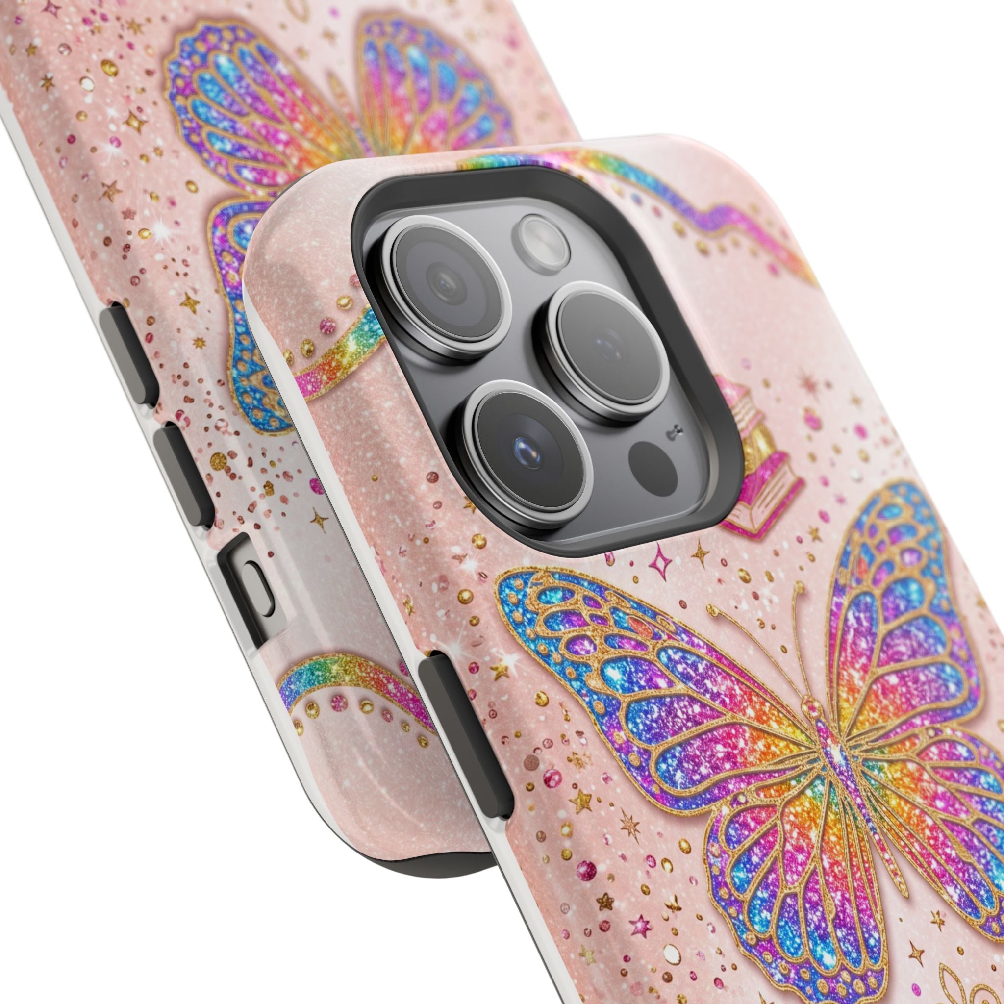 Blush Glitter Butterfly Personalized Teacher Phone Case — Wireless Charging Cover