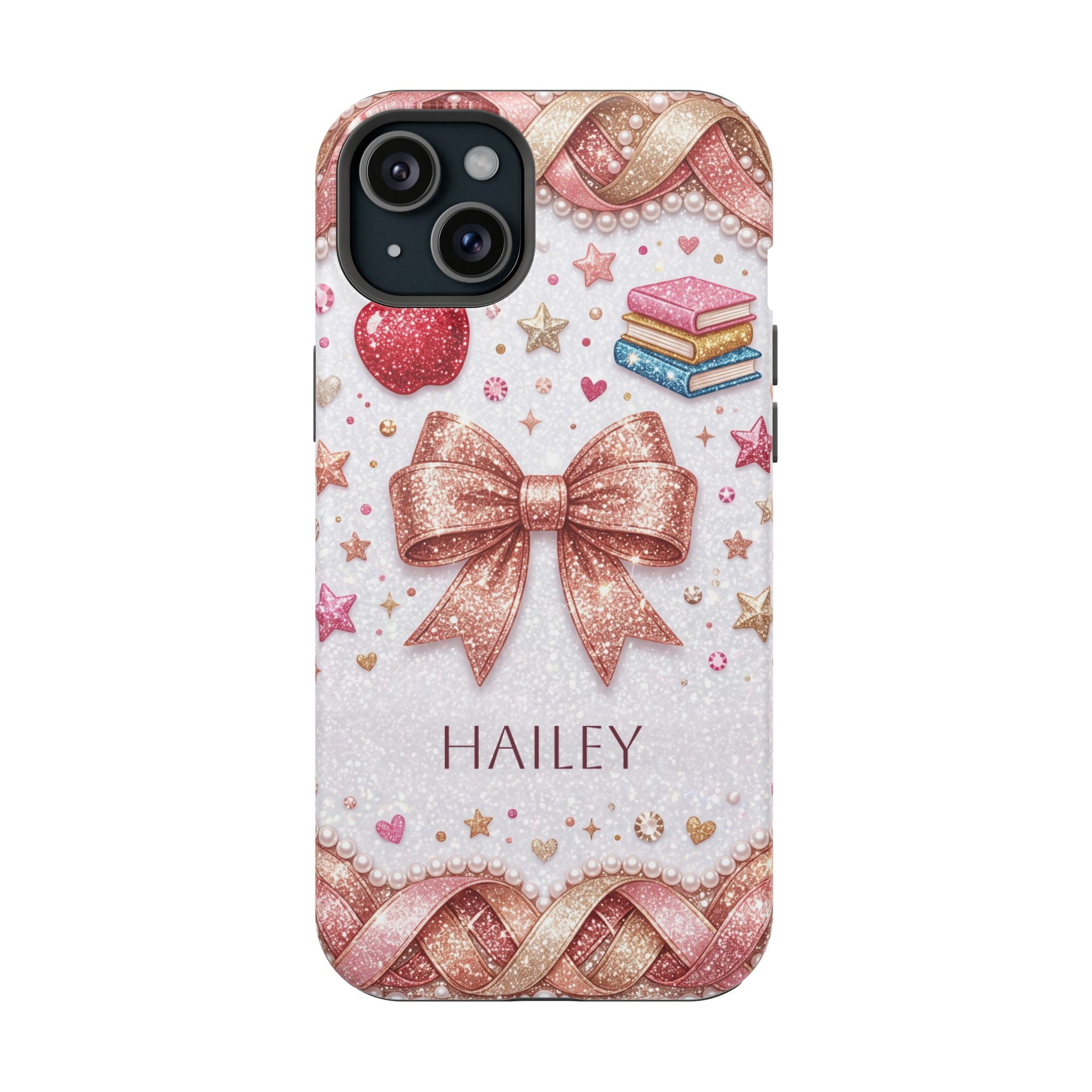 Rose Gold Glitter Bow Personalized Teacher Phone Case — Wireless Charging Cover