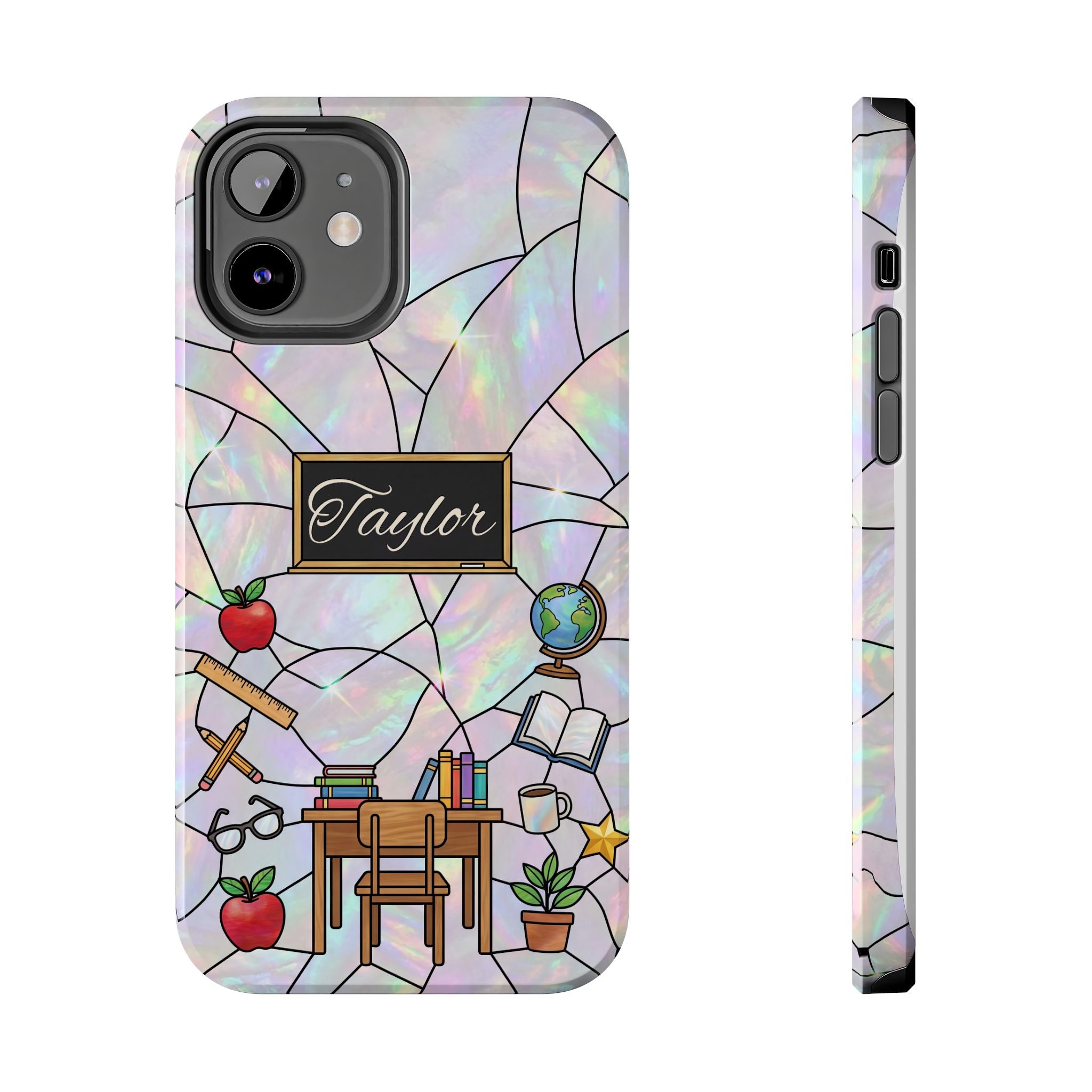 Personalized Teacher Phone Case — Custom Name Stained Glass Classroom Design