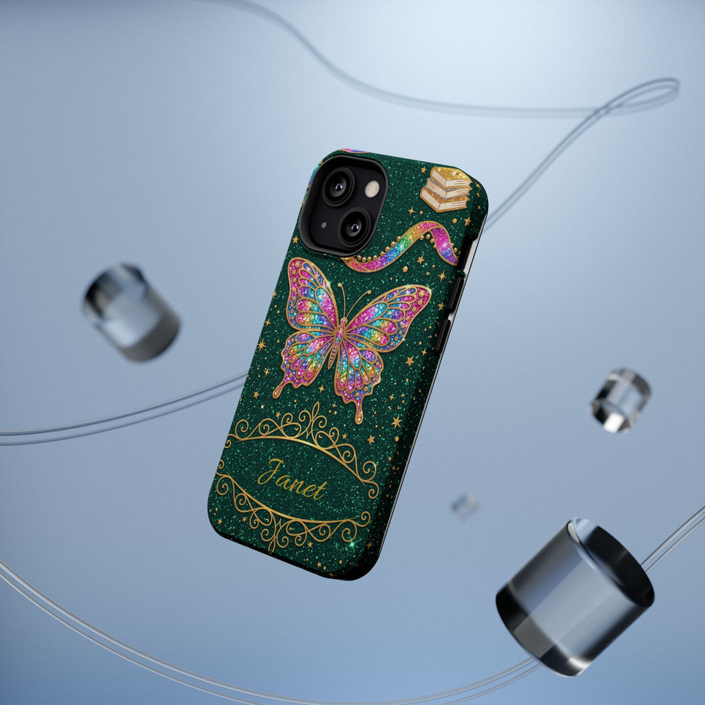 Rainbow Glitter Butterfly Personalized Teacher Phone Case — Wireless Charging Cover