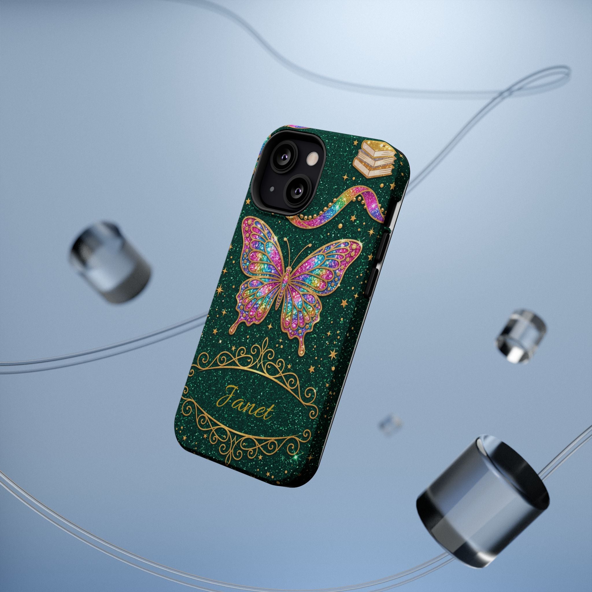 Rainbow Glitter Butterfly Personalized Teacher Phone Case — Wireless Charging Cover