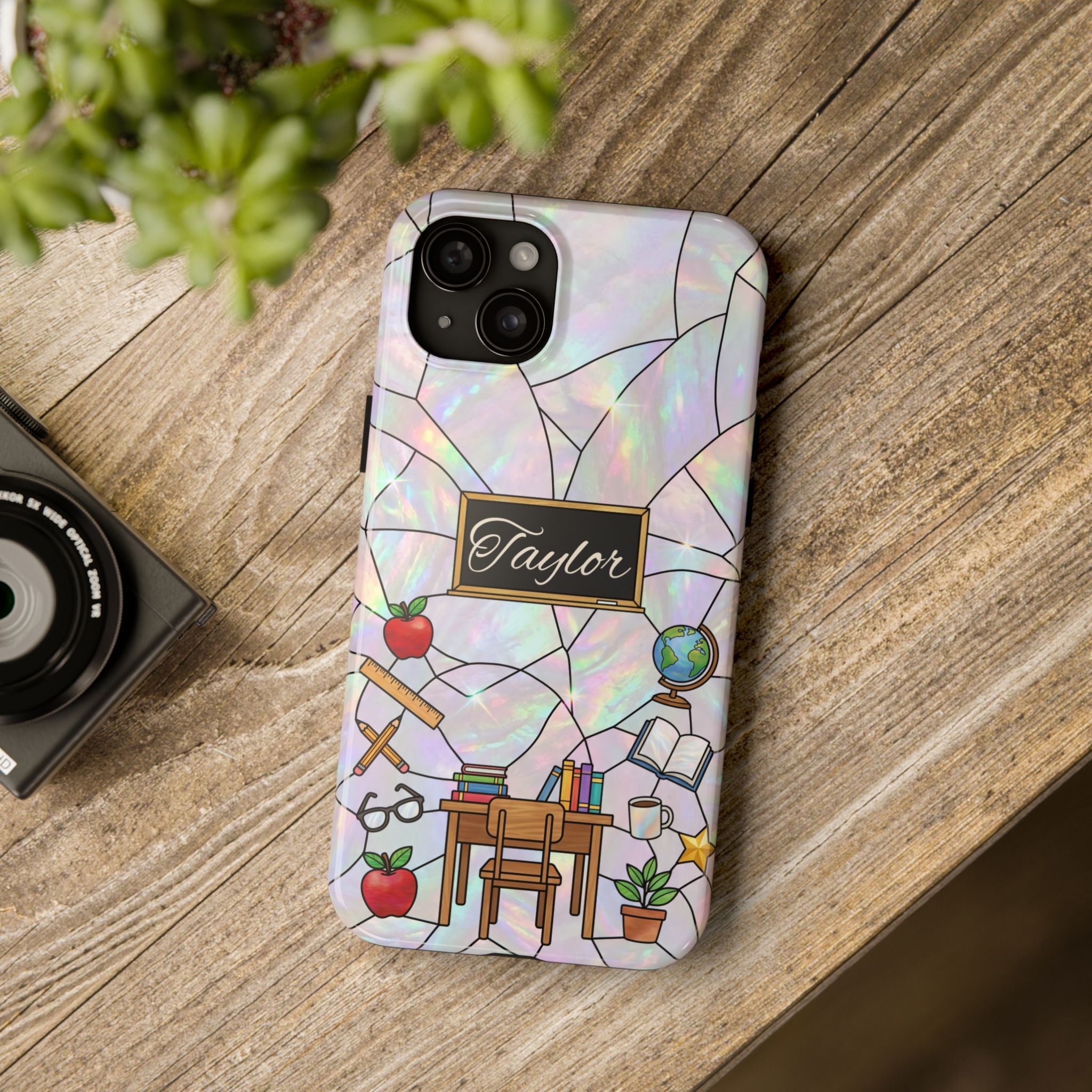 Personalized Teacher Phone Case — Custom Name Stained Glass Classroom Design