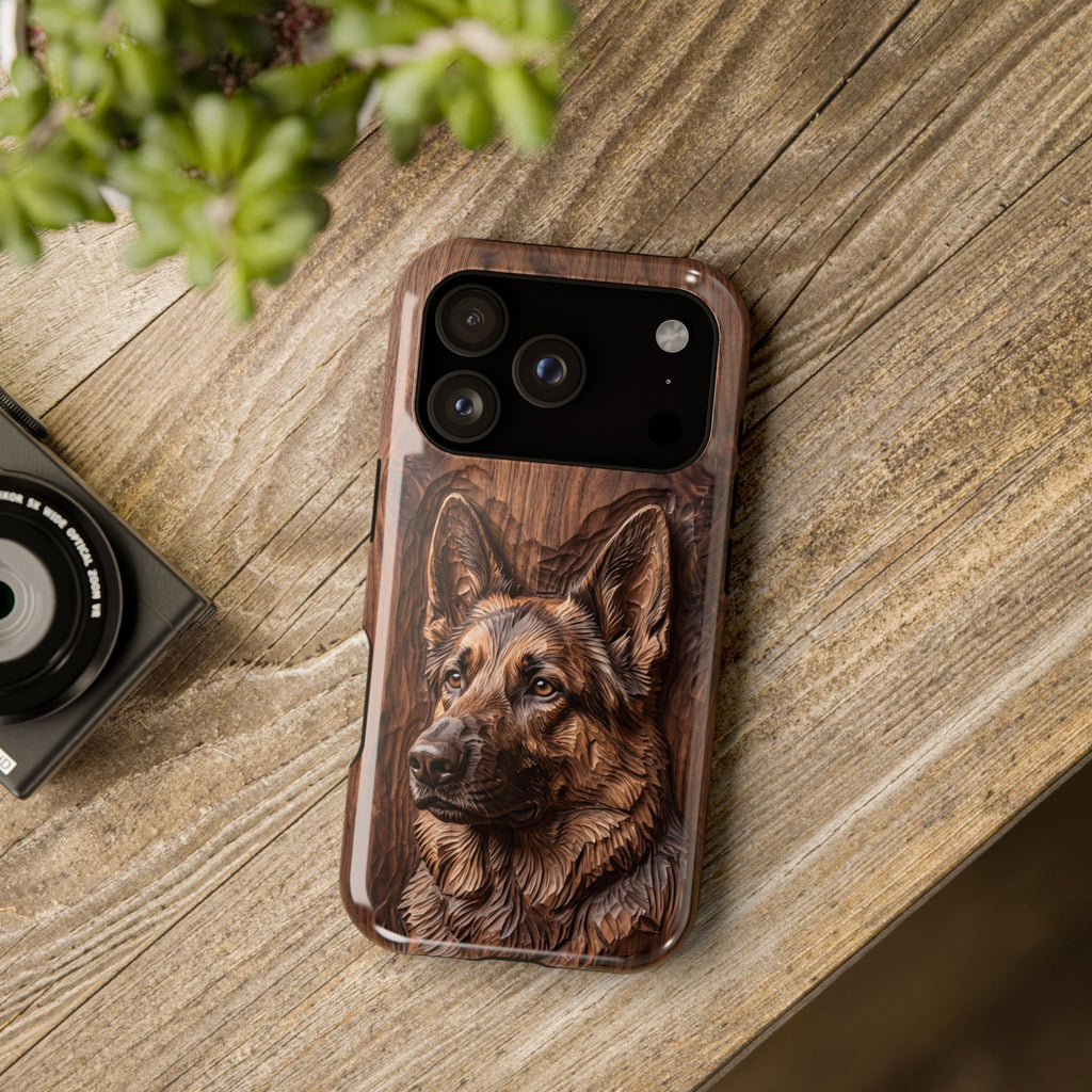 German Shepherd Phone Case | Carved Walnut Art — Tough Magnetic Case with Wireless Charging