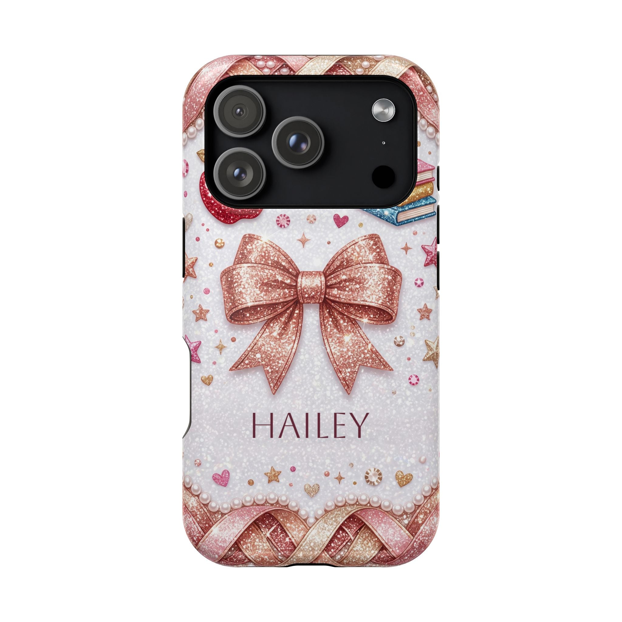 Rose Gold Glitter Bow Personalized Teacher Phone Case — Wireless Charging Cover