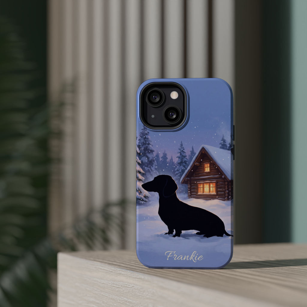 Personalized Dachshund Winter Cabin Phone Case — Wireless Charging Cover